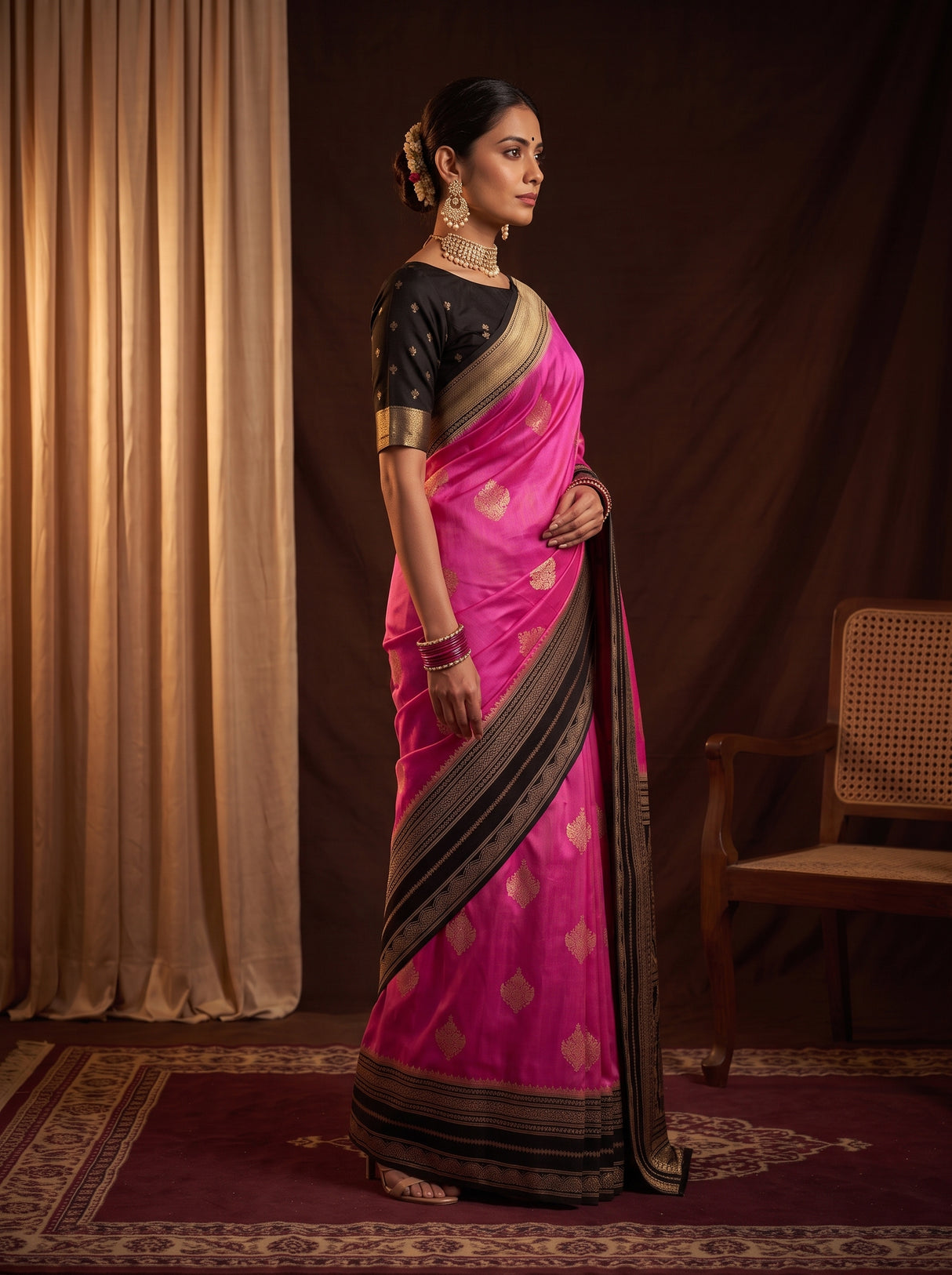 MIMOSA Pink Mysore Silk crepe Saree — pose 3 styling detail