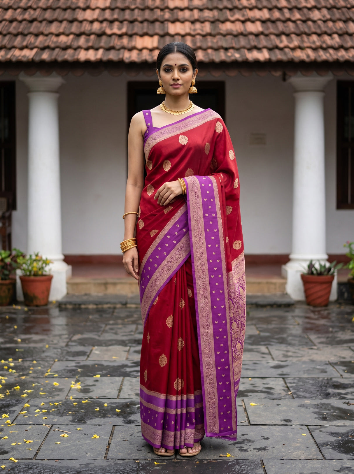 MIMOSA Red Saree Saree — front view on mannequin