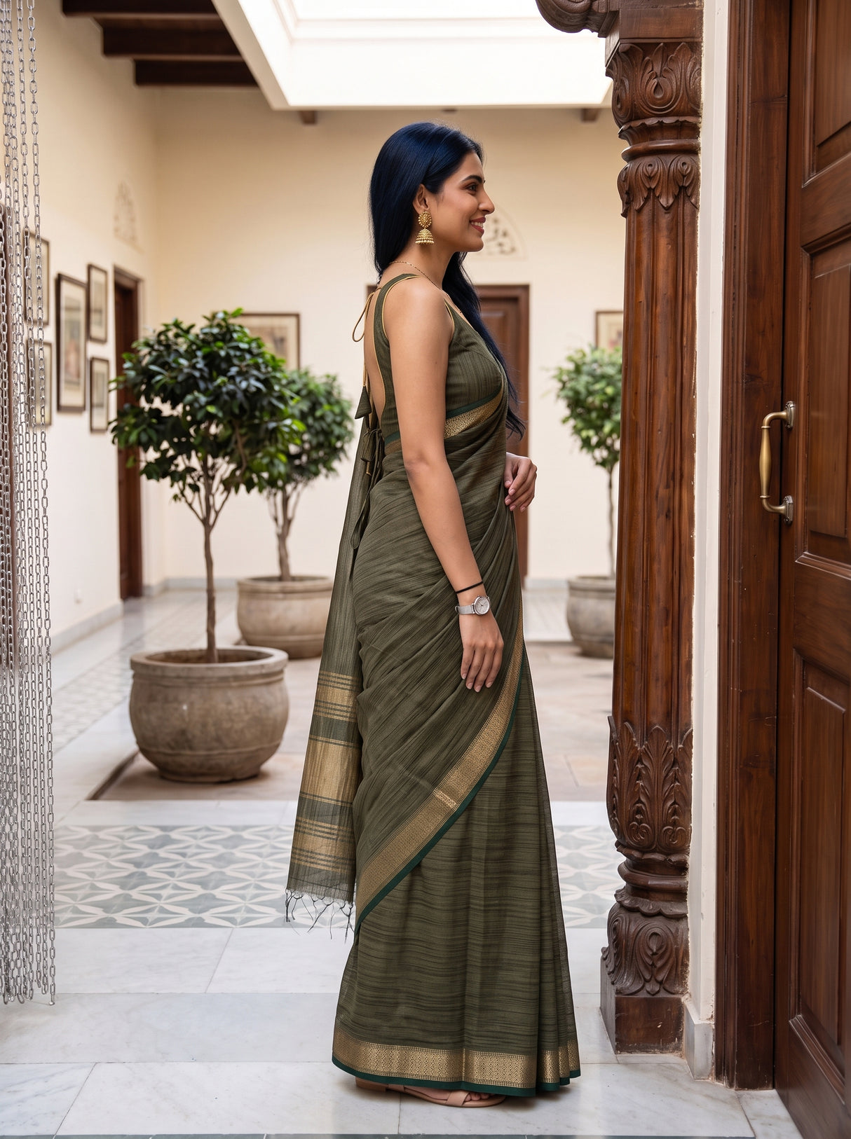 MIMOSA Bottle Green Saree Saree — pose 3 styling detail
