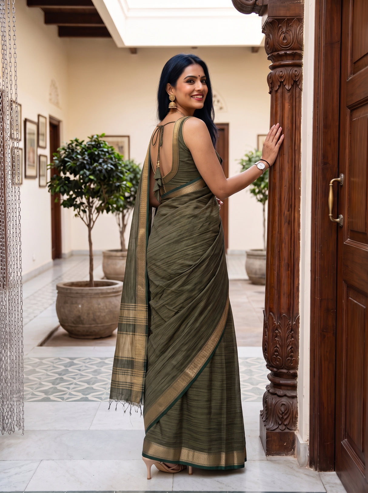 MIMOSA Bottle Green Saree Saree — pose 5 styling detail