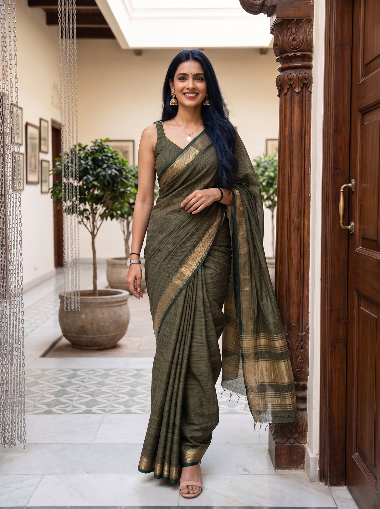 MIMOSA Bottle Green Saree Saree — pose 6 styling detail