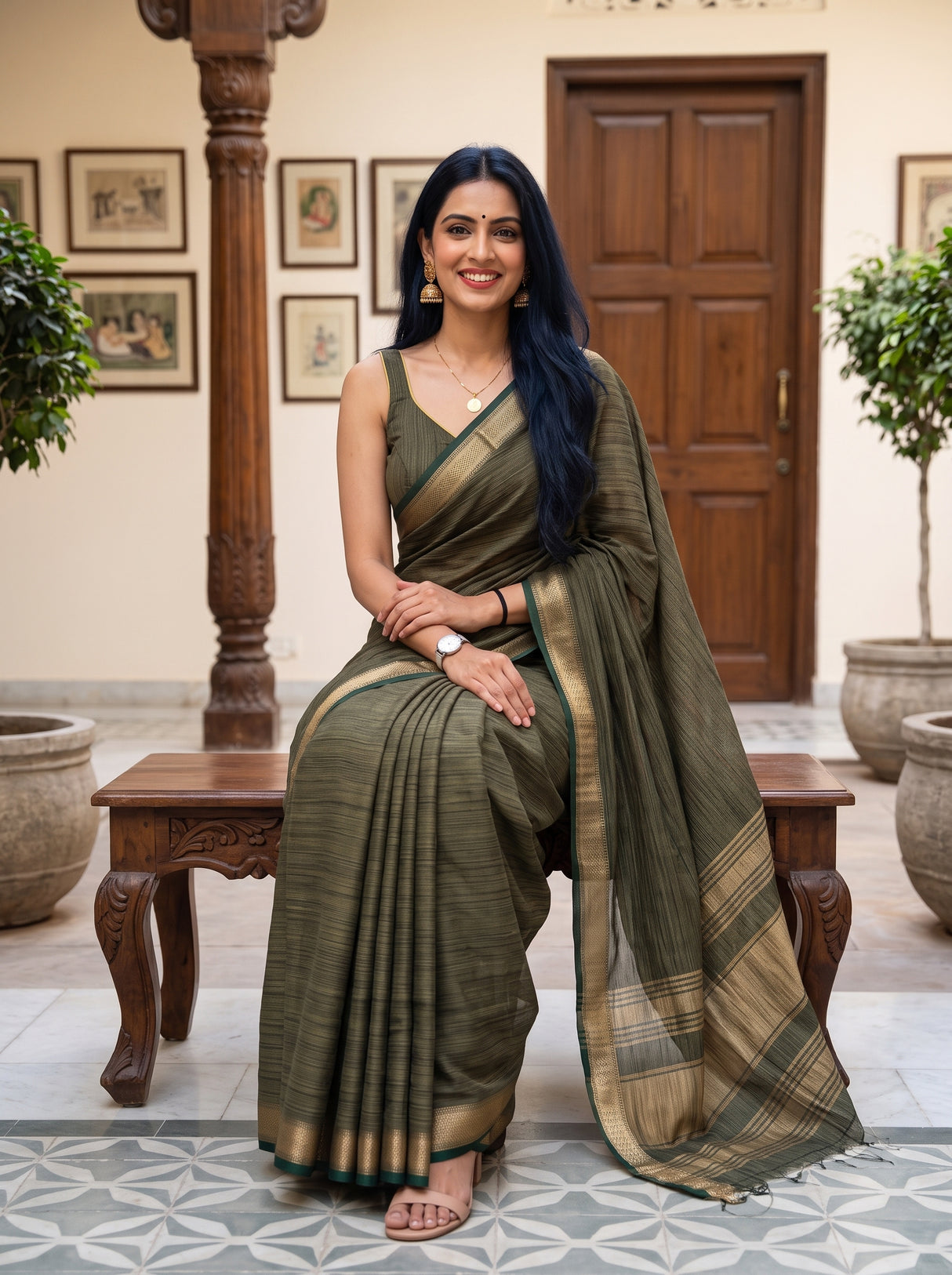 MIMOSA Bottle Green Saree Saree — pose 8 styling detail