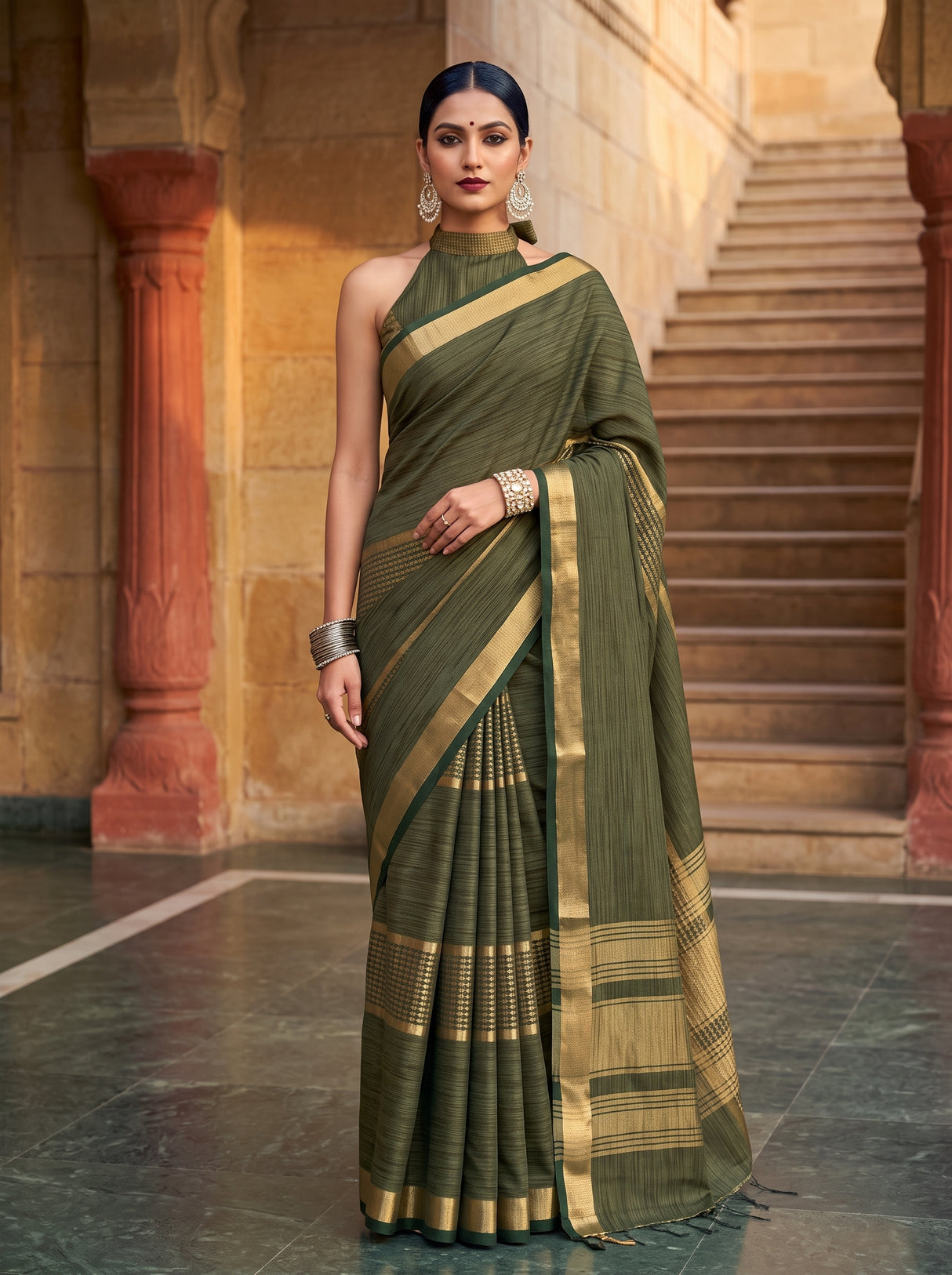 MIMOSA Bottle Green Saree Saree — front view on mannequin