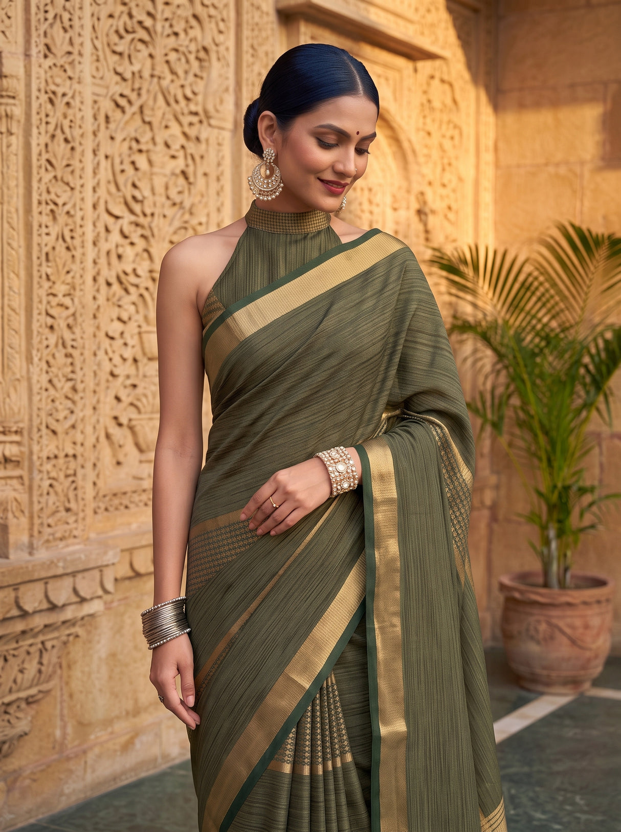 MIMOSA Bottle Green Saree Saree — pose 10 styling detail