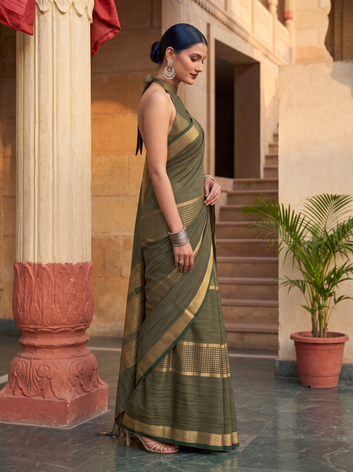MIMOSA Bottle Green Saree Saree — pose 3 styling detail