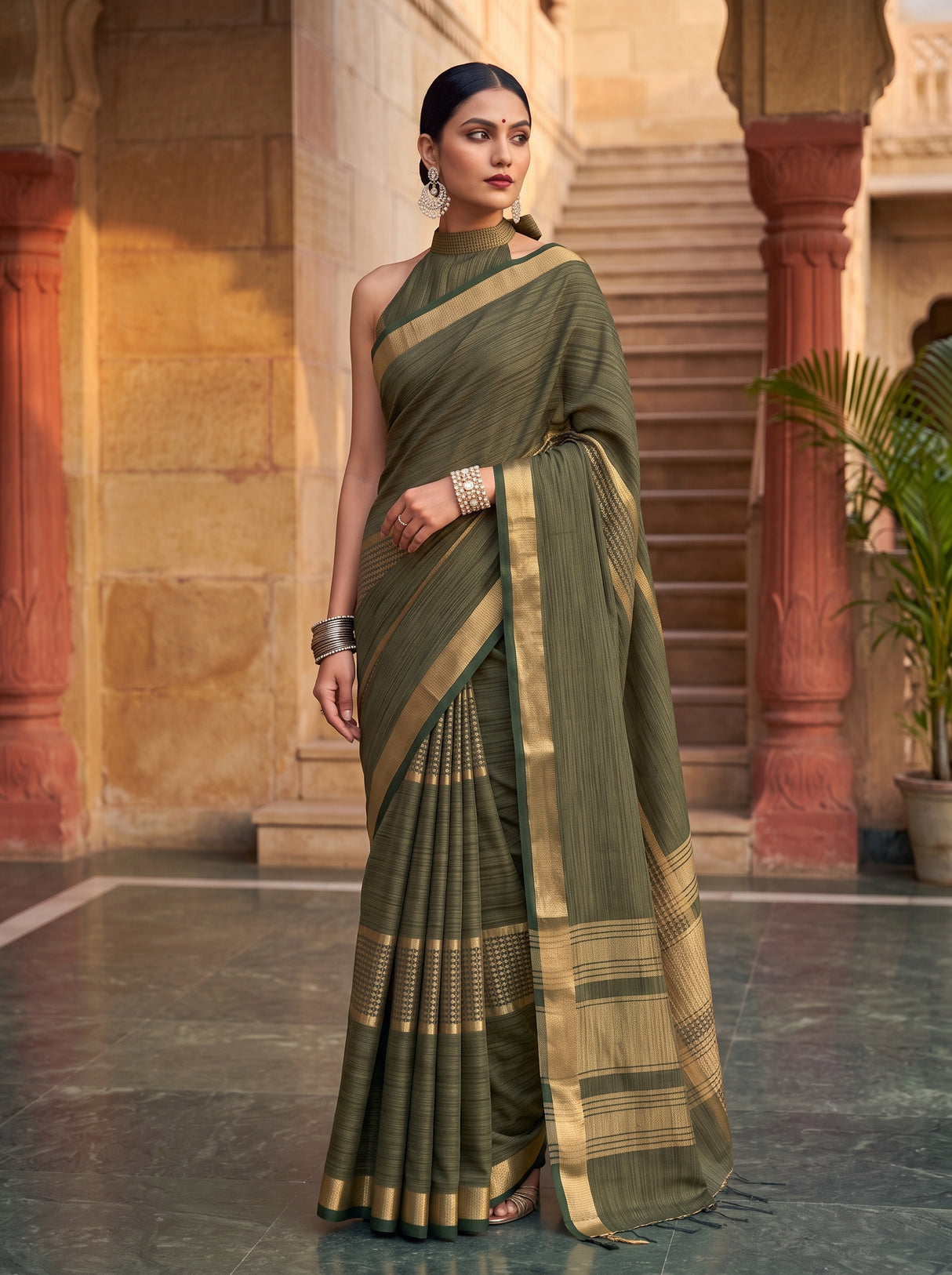 MIMOSA Bottle Green Saree Saree — pose 5 styling detail