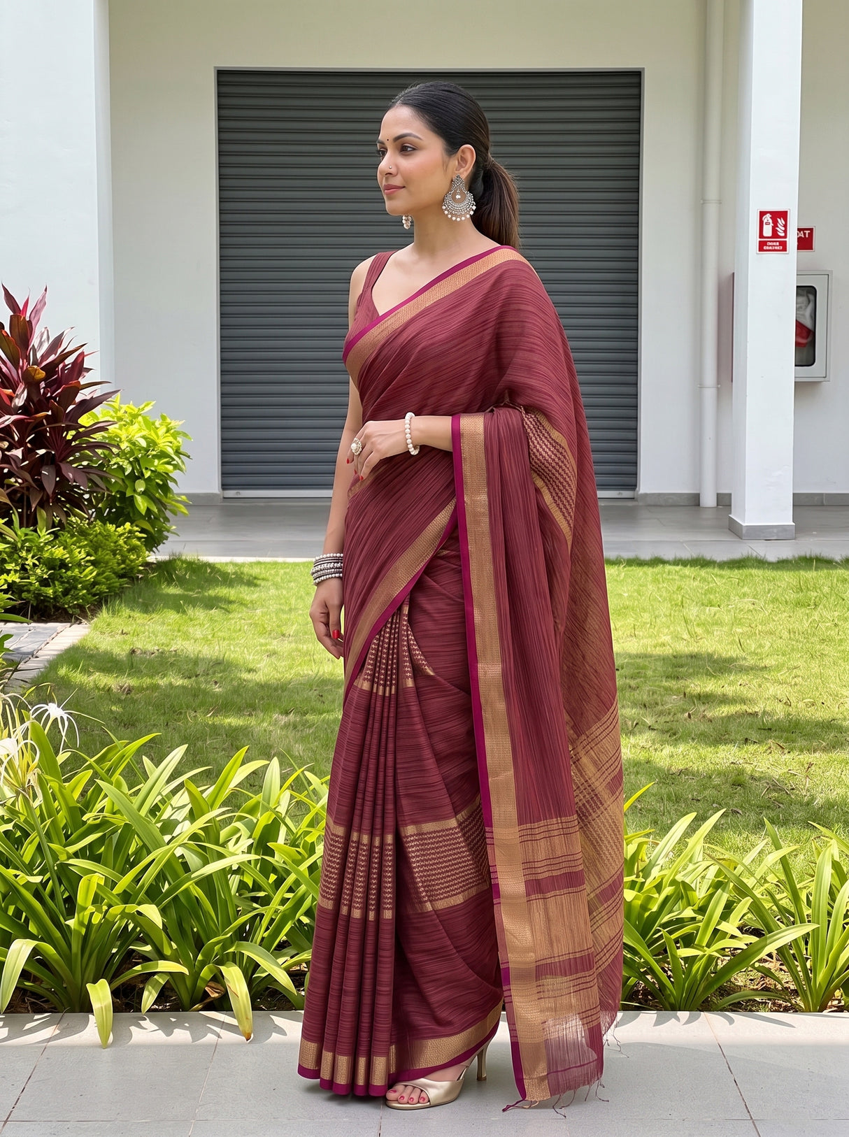 MIMOSA Wine Saree Saree — pose 3 styling detail