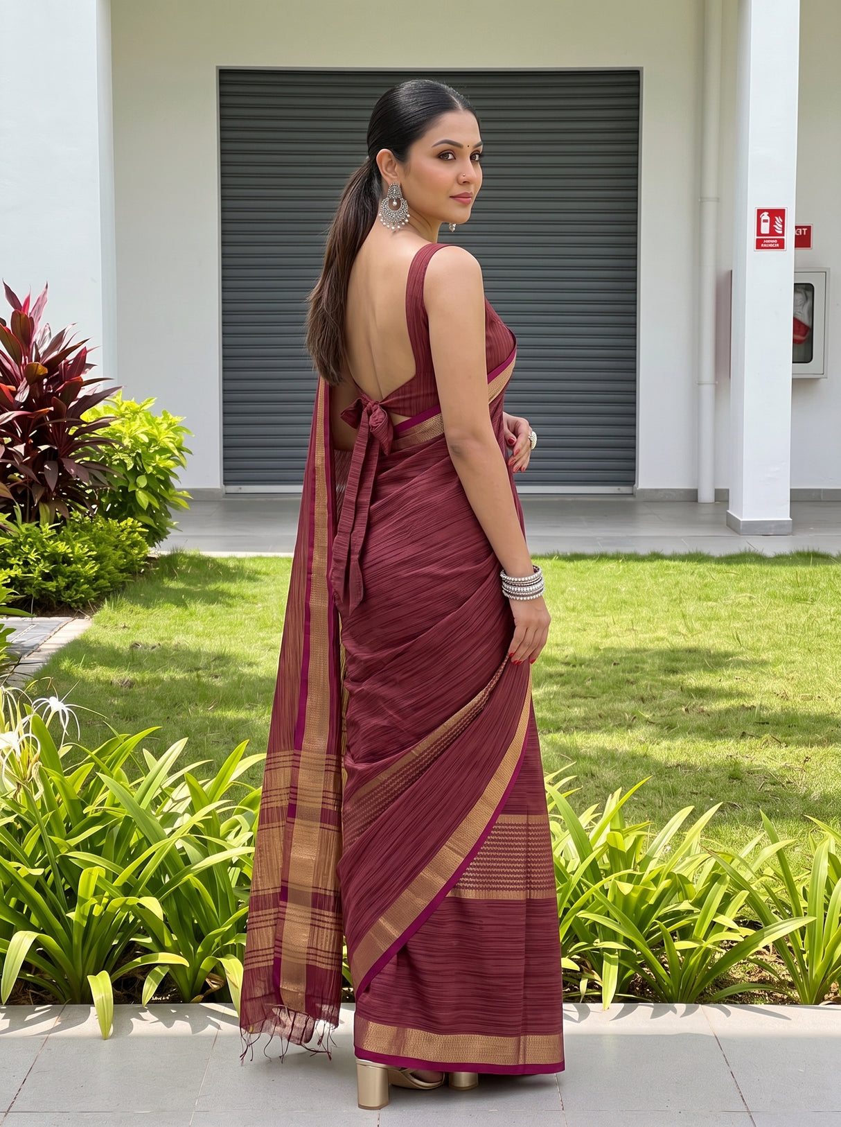 MIMOSA Wine Saree Saree — pose 5 styling detail