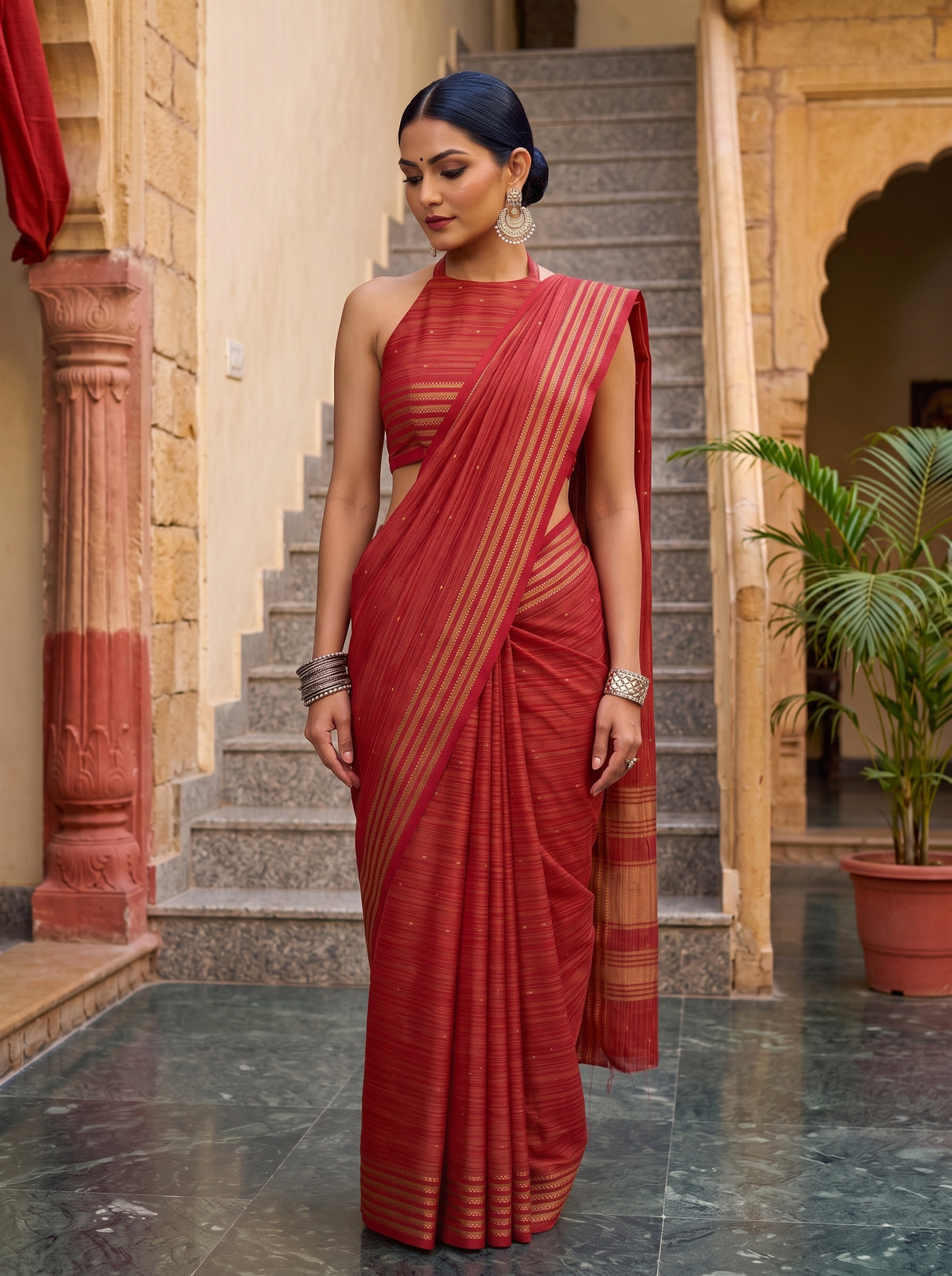 MIMOSA Red Saree Saree — pose 10 styling detail