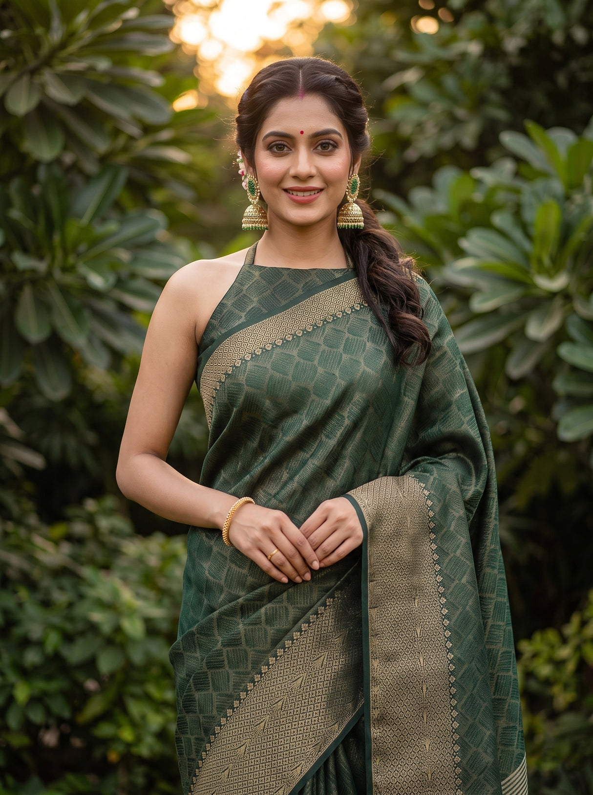 MIMOSA Bottle Green Saree Saree — pose 10 styling detail