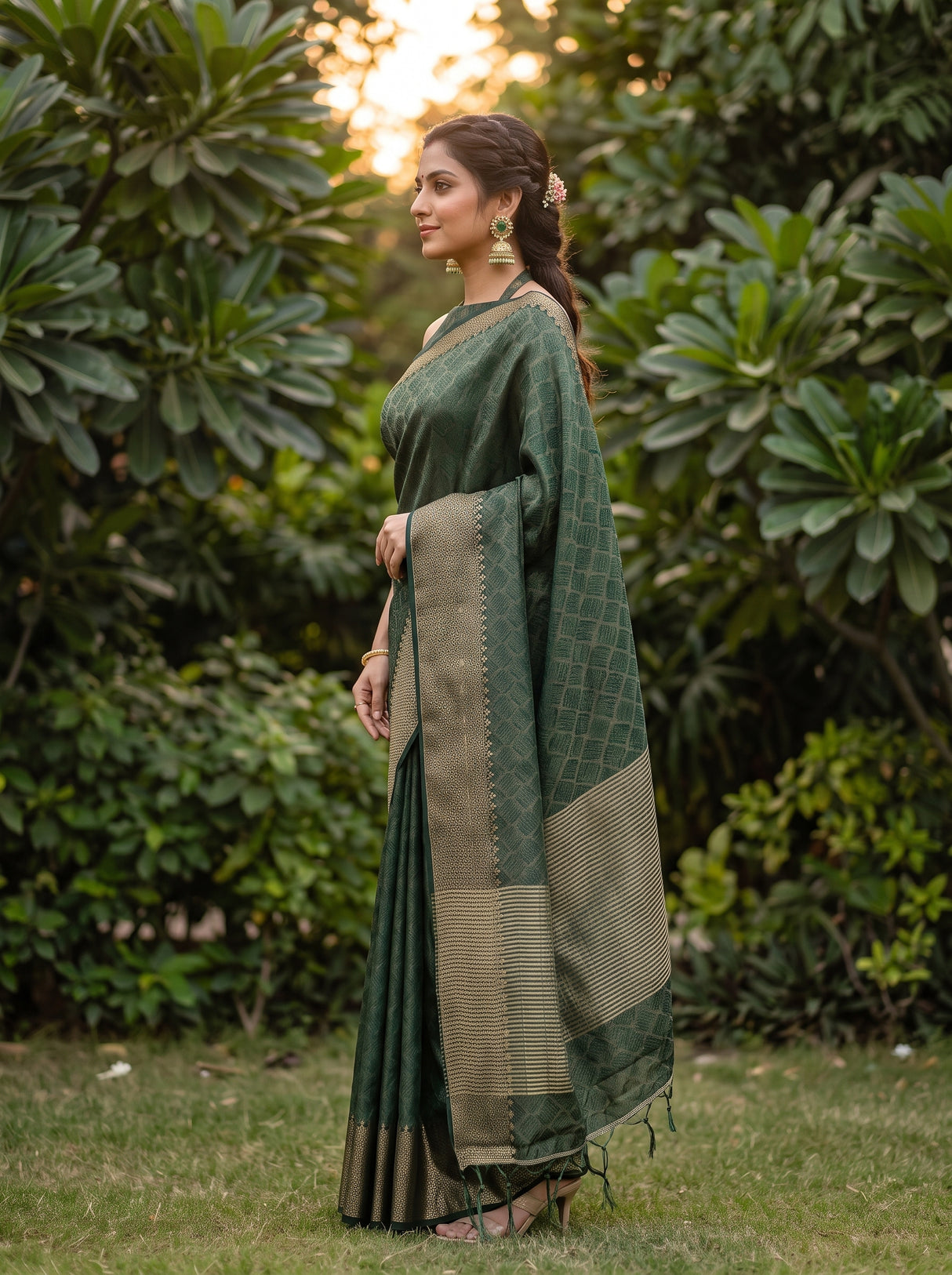 MIMOSA Bottle Green Saree Saree — pose 3 styling detail