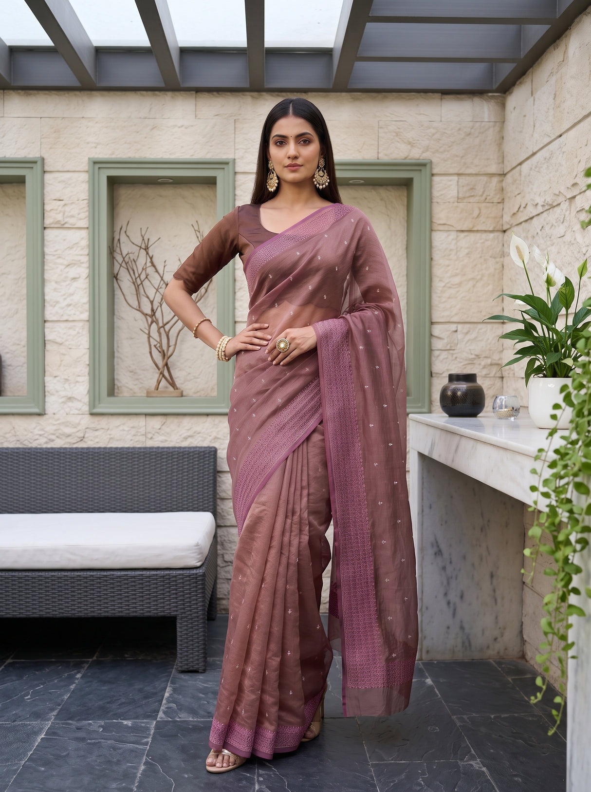 MIMOSA Pink Banarasi Tissue Saree — pose 4 styling detail