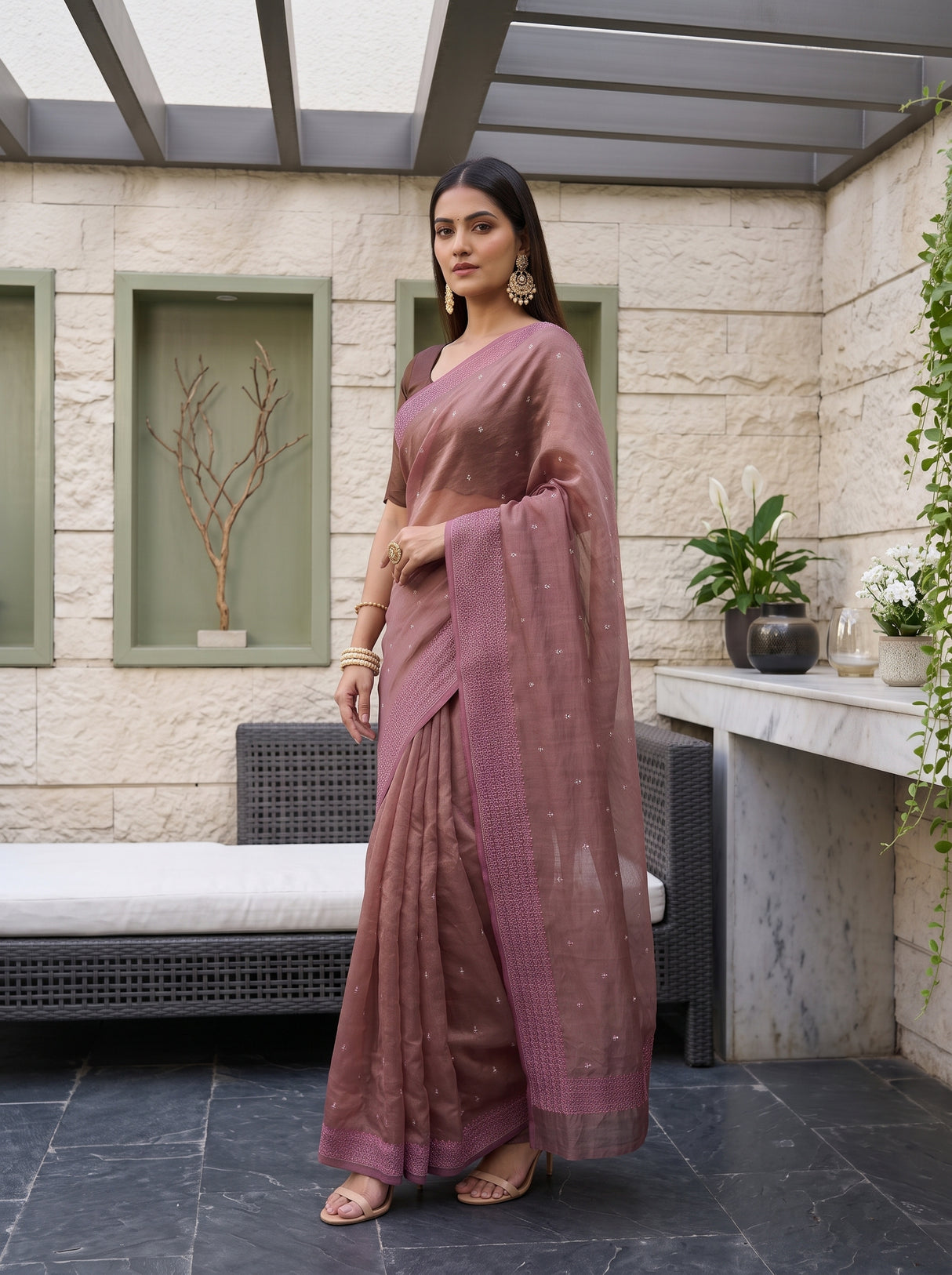 MIMOSA Pink Banarasi Tissue Saree — pose 5 styling detail