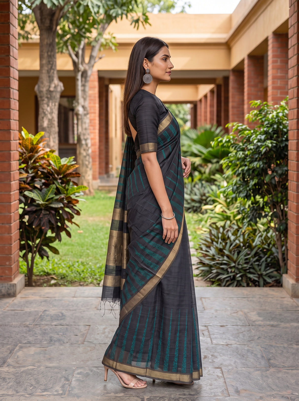 MIMOSA Navy Banarasi Saree — pose 3 styling detail