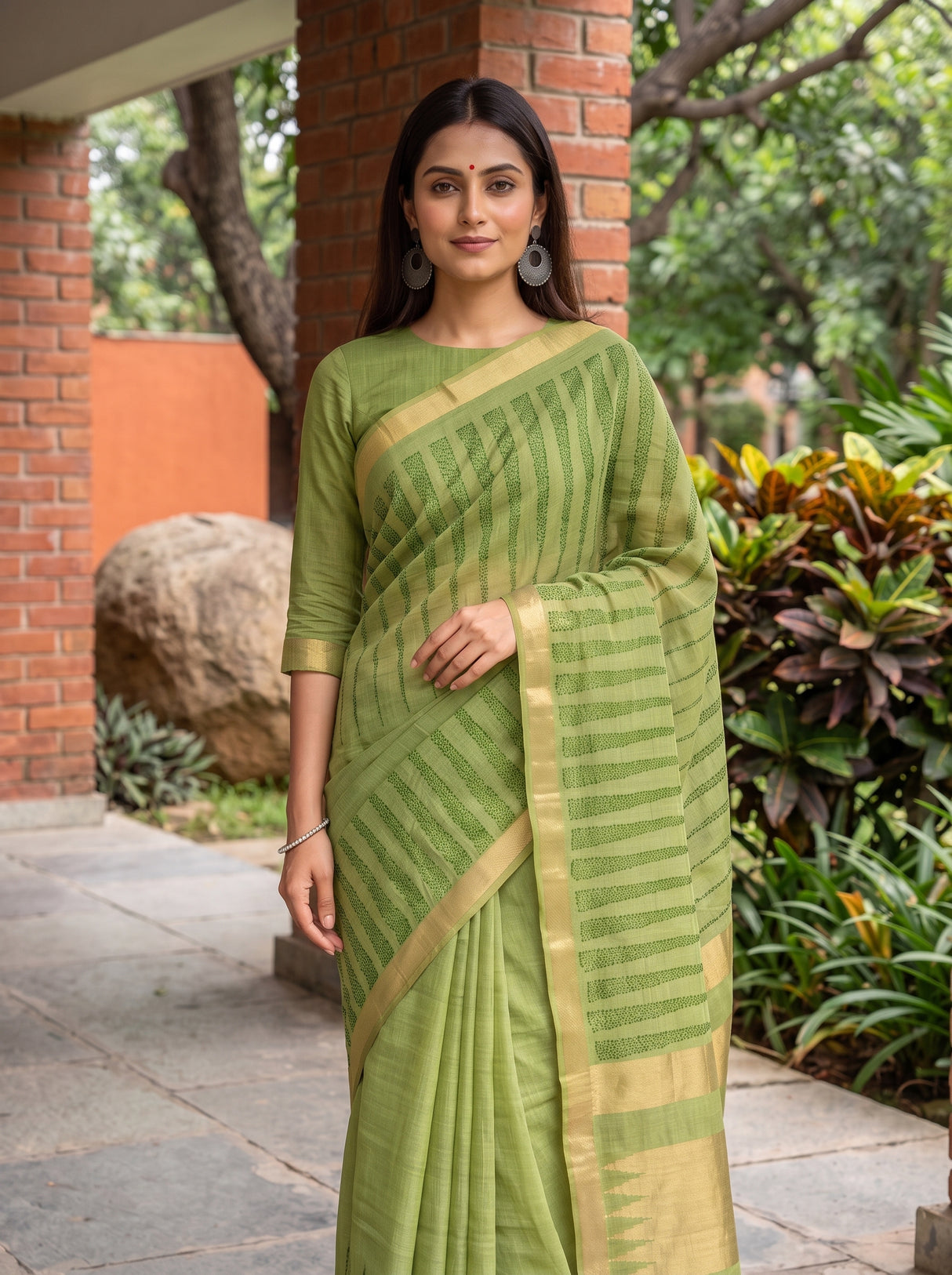 MIMOSA Parrot Green Banarasi Saree — pose 10 styling detail