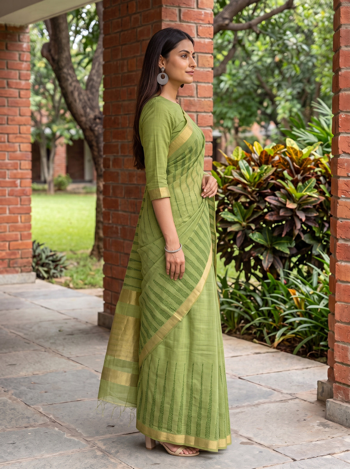 MIMOSA Parrot Green Banarasi Saree — pose 3 styling detail