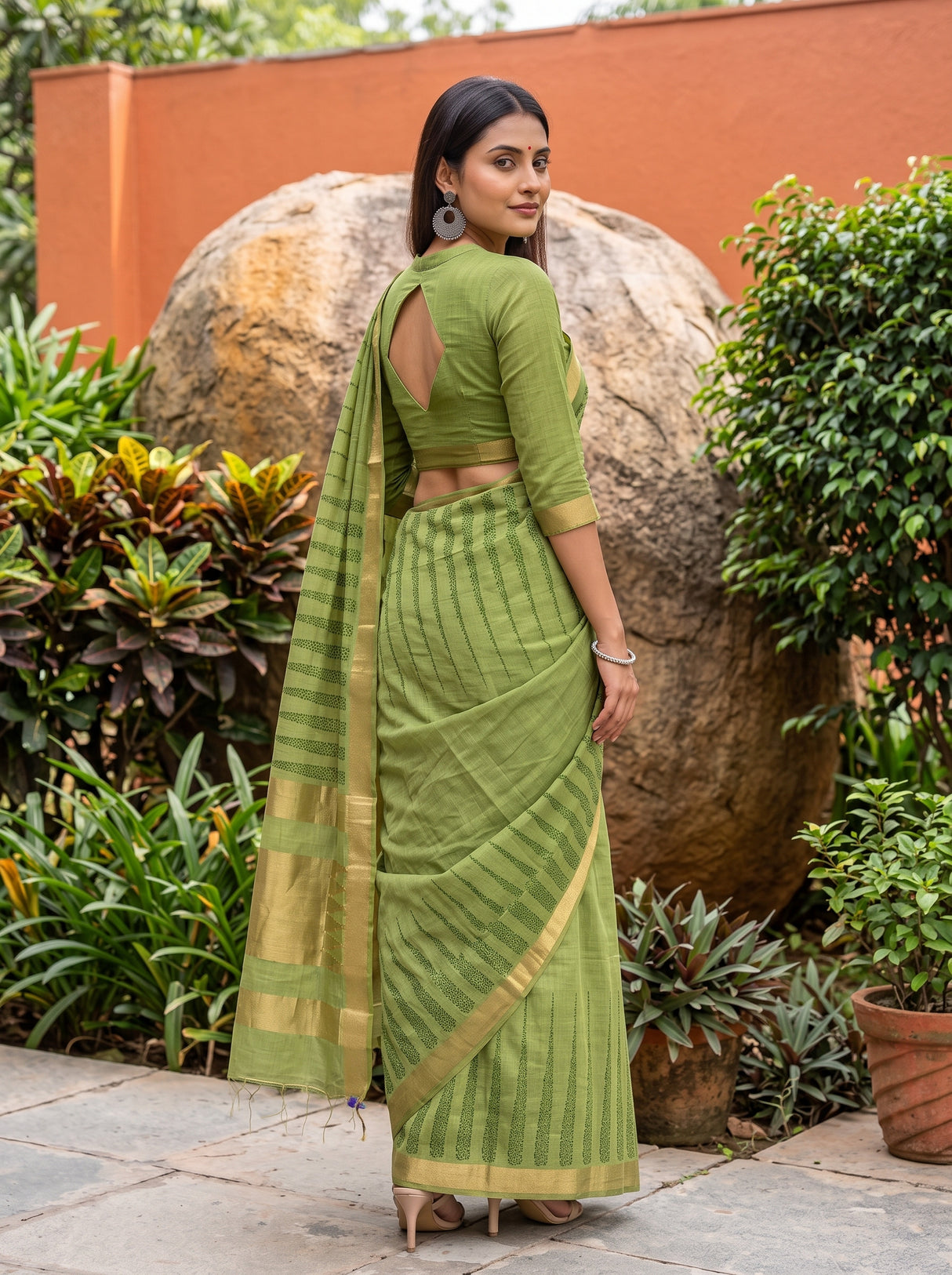 MIMOSA Parrot Green Banarasi Saree — pose 5 styling detail