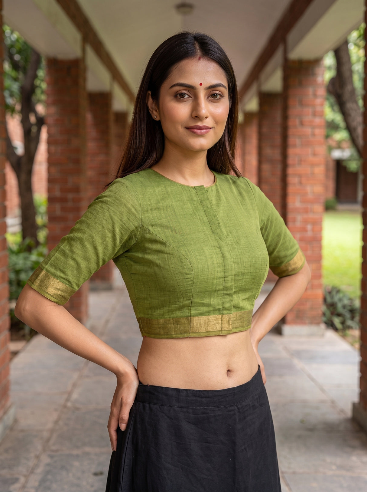 MIMOSA Parrot Green Banarasi Saree — blouse close-up