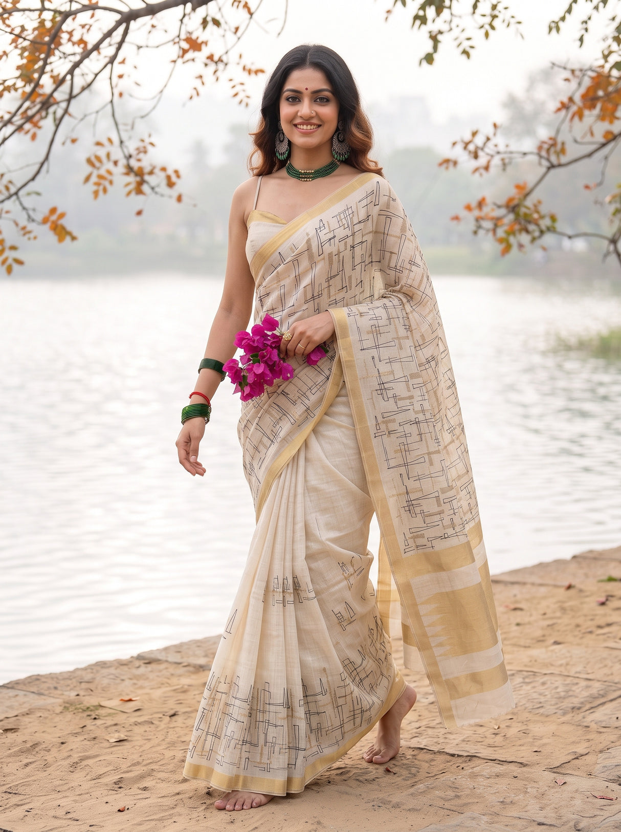 MIMOSA Half White Banarasi tusser Saree — pose 6 styling detail