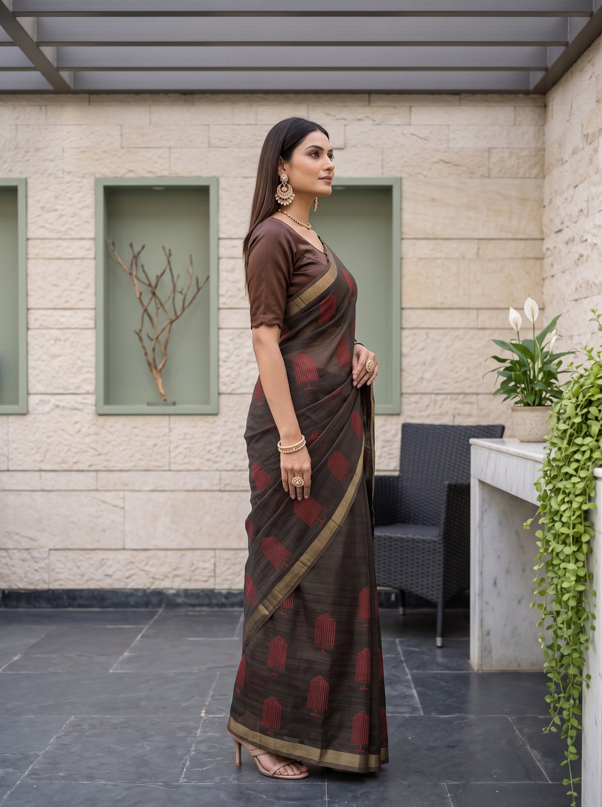 MIMOSA Black Banarasi tusser Saree — model lifestyle pose