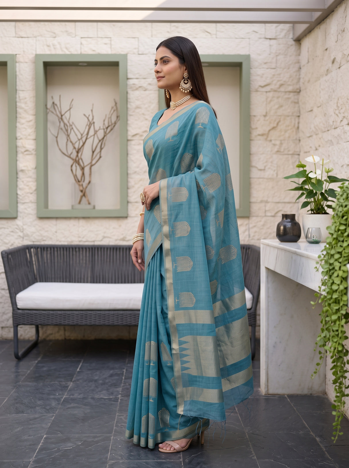 MIMOSA Sapphire Banarasi tusser Saree — model lifestyle pose