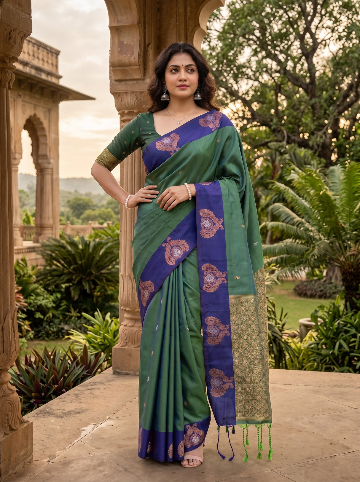 MIMOSA Green Kanjivaram Art silk Saree — close-up of saree pallu and border