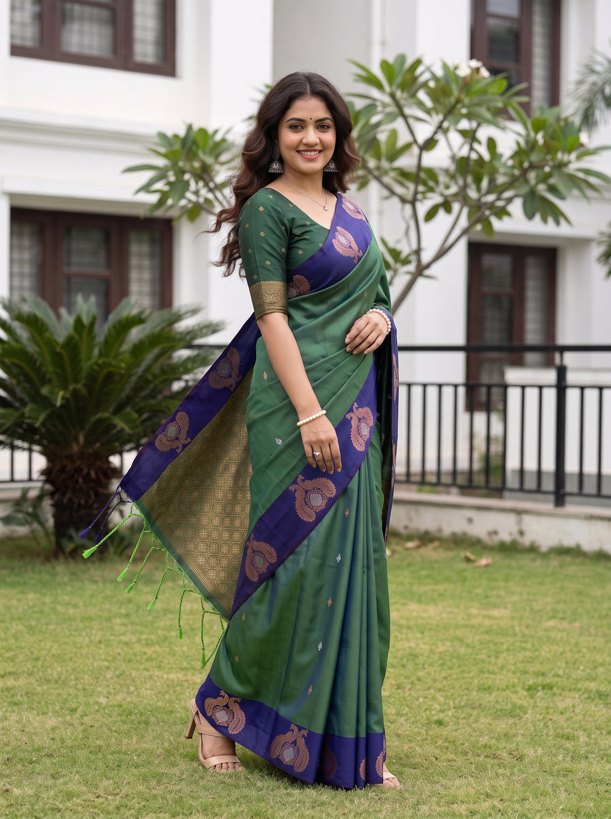 MIMOSA Green Kanjivaram Art silk Saree — close-up of saree pallu with tassels