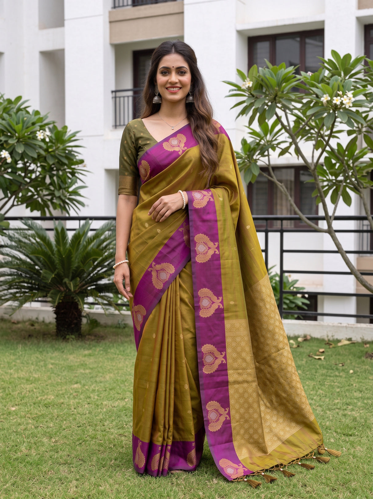 MIMOSA Olive Kanjivaram Art silk Saree — close-up of saree pallu with tassels
