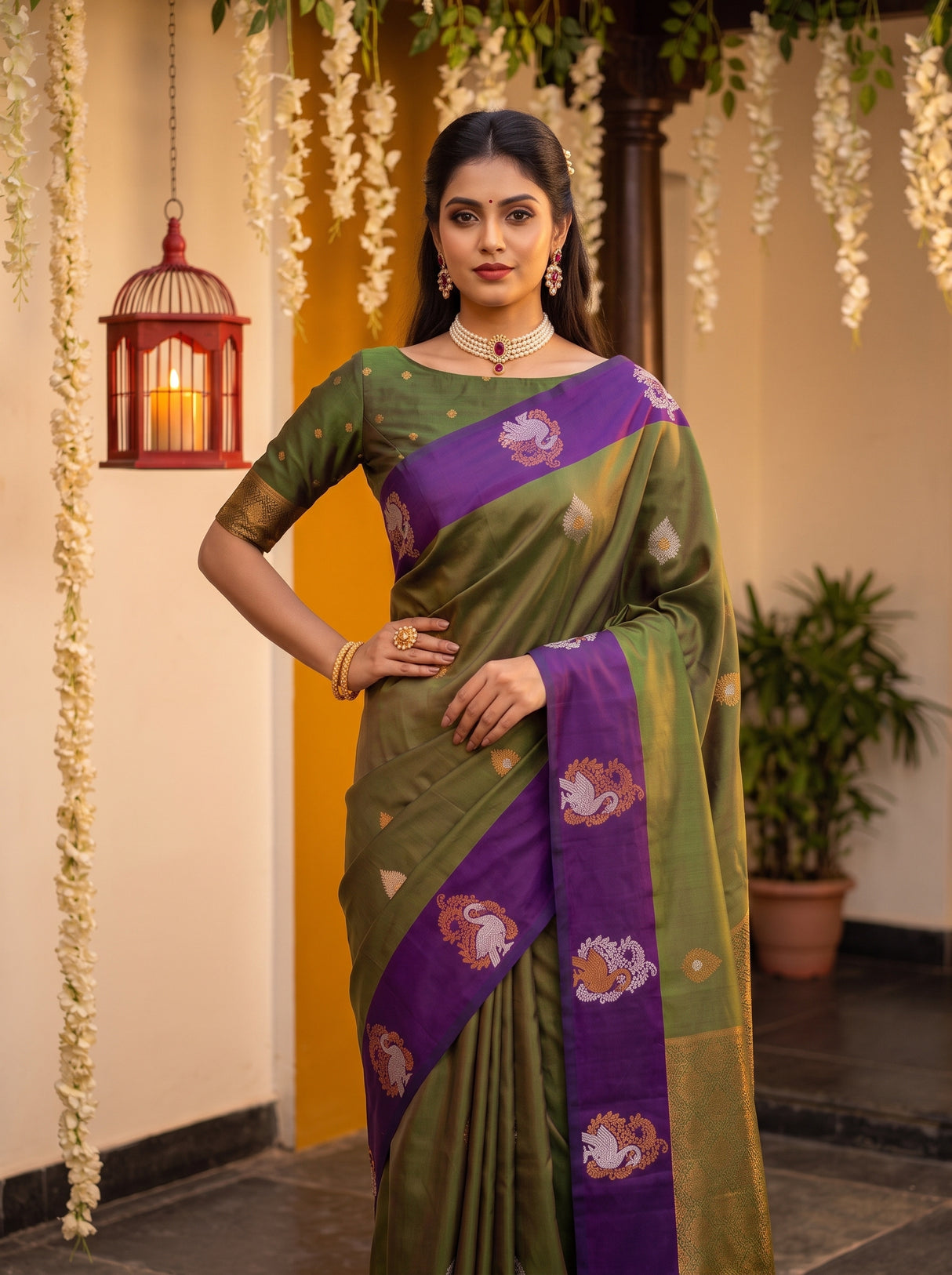 MIMOSA Green Kanjivaram Art silk Saree — pose 10 styling detail