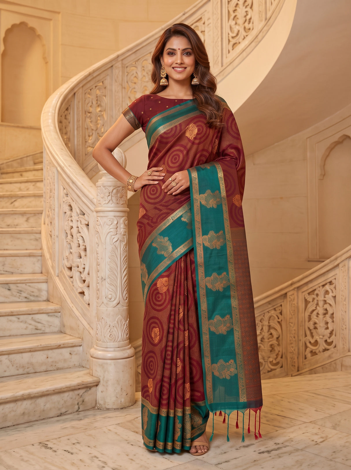 MIMOSA Maroon Saree Saree — pose 4 styling detail