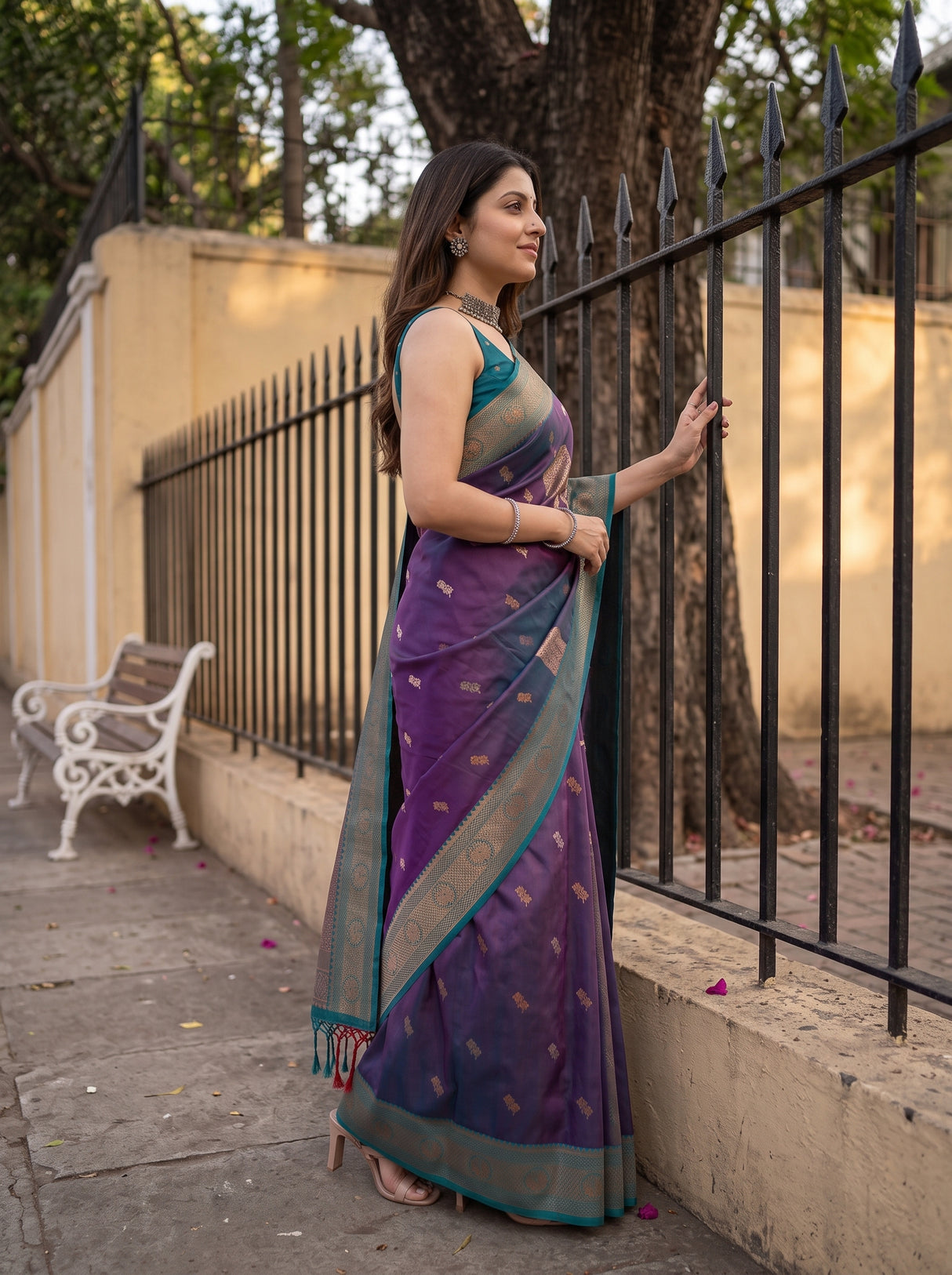 MIMOSA Navy Kanjivaram Art silk Saree — close up of saree drape and border