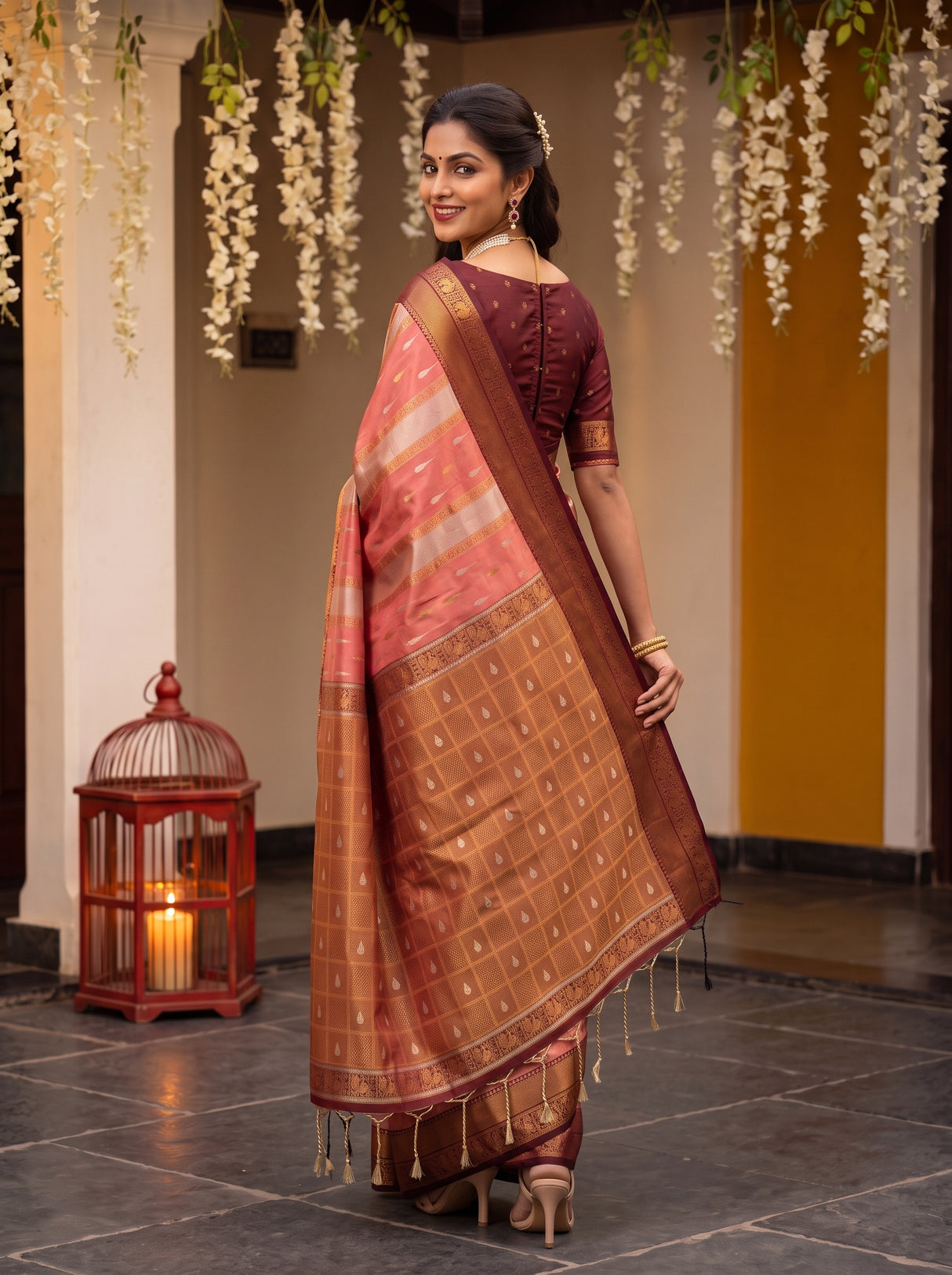 MIMOSA Peach Kanjivaram Art silk Saree — pose 7 styling detail