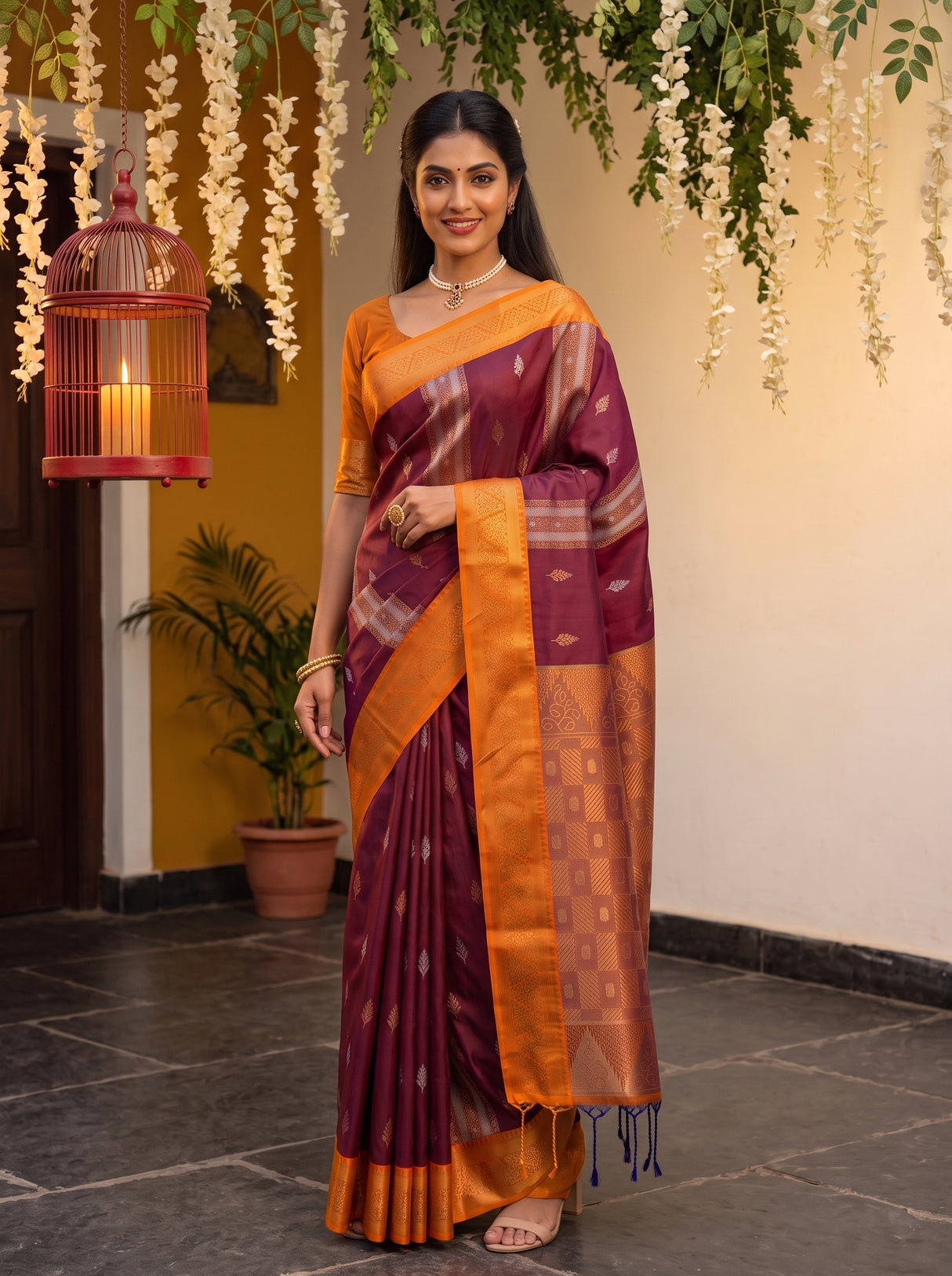 MIMOSA Wine Kanjivaram Art silk Saree — pose 9 styling detail