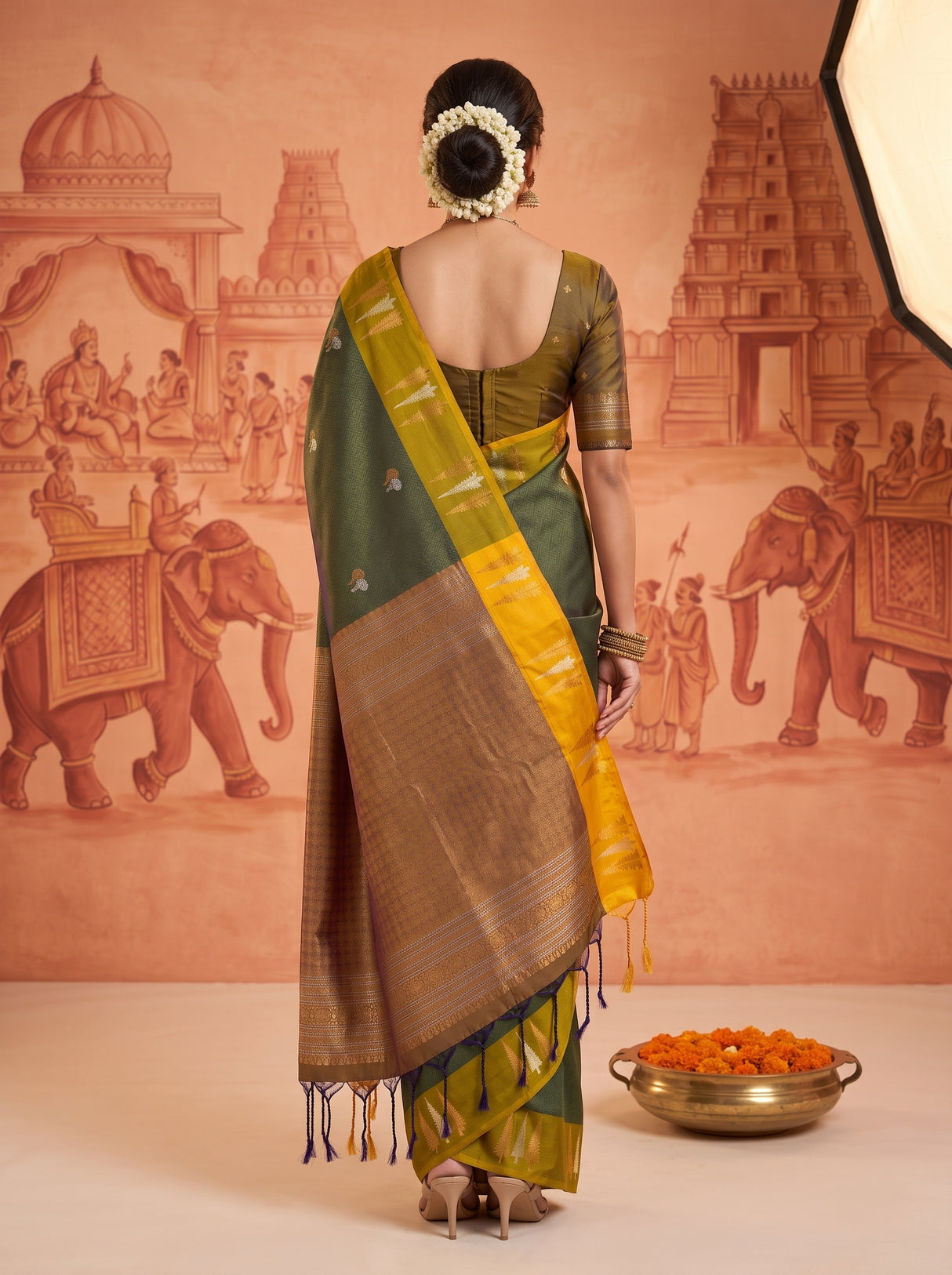 MIMOSA Bottle Green Saree Saree — pose 2 styling detail
