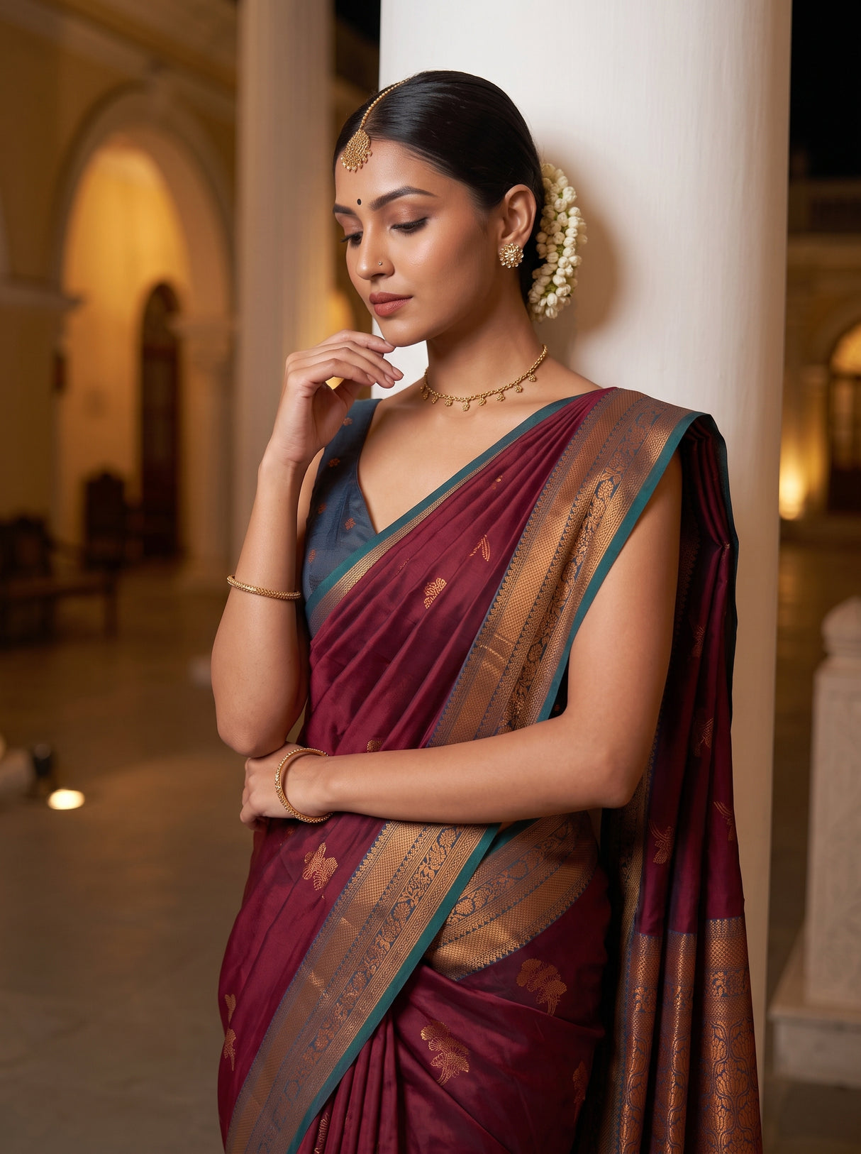 MIMOSA Maroon Saree Saree — pose 10 styling detail