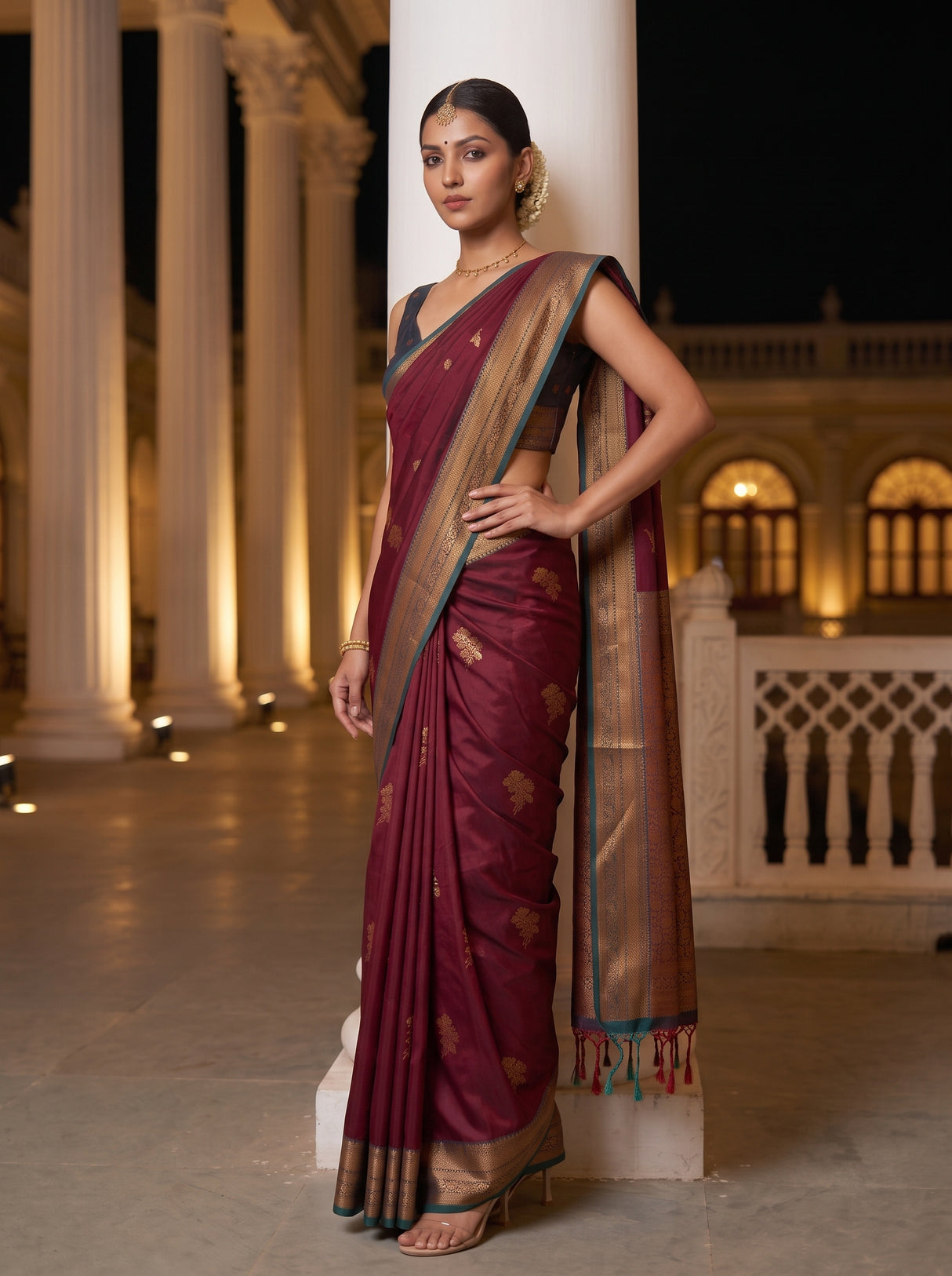 MIMOSA Maroon Saree Saree — pose 4 styling detail