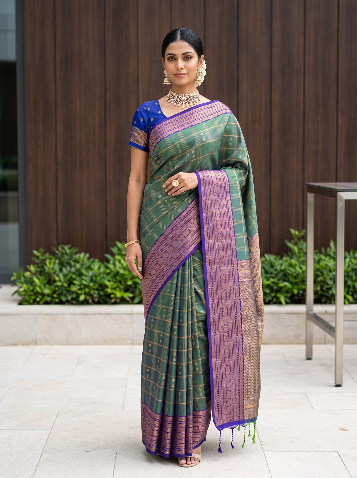 MIMOSA Green Saree Saree — front view on mannequin