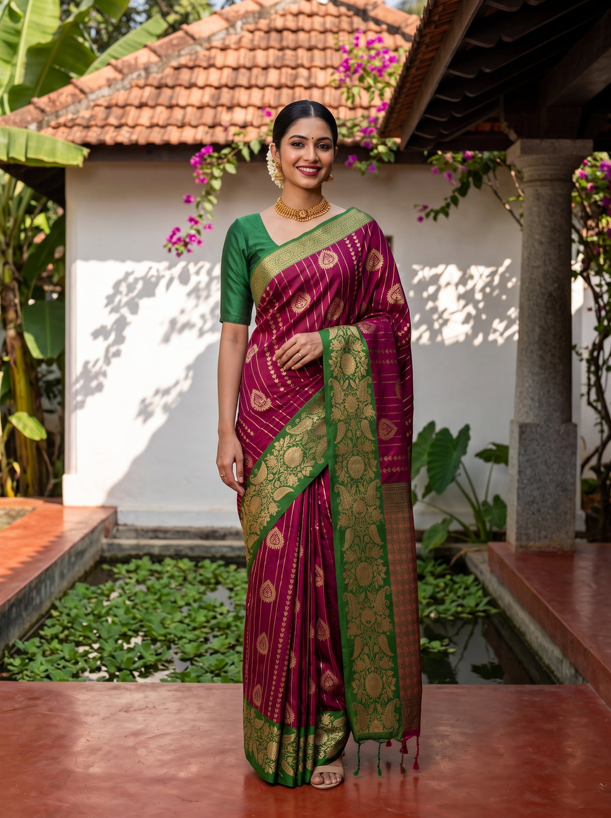 MIMOSA Wine Saree Saree — front view on mannequin