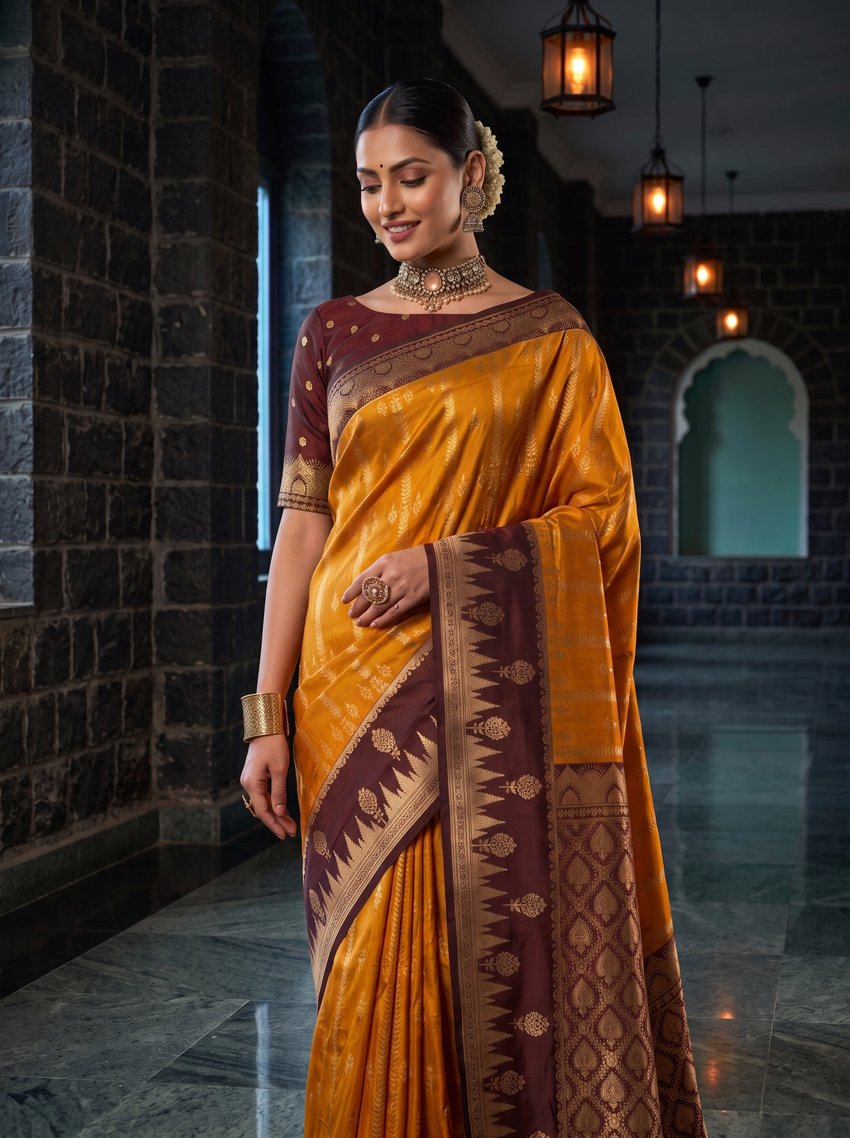 MIMOSA Mustard Kanjivaram Art Silk Saree — pose 10 styling detail