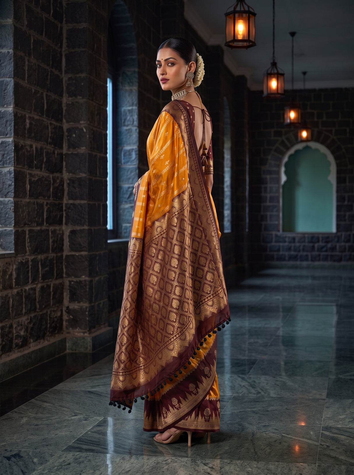 MIMOSA Mustard Kanjivaram Art Silk Saree — pose 5 styling detail
