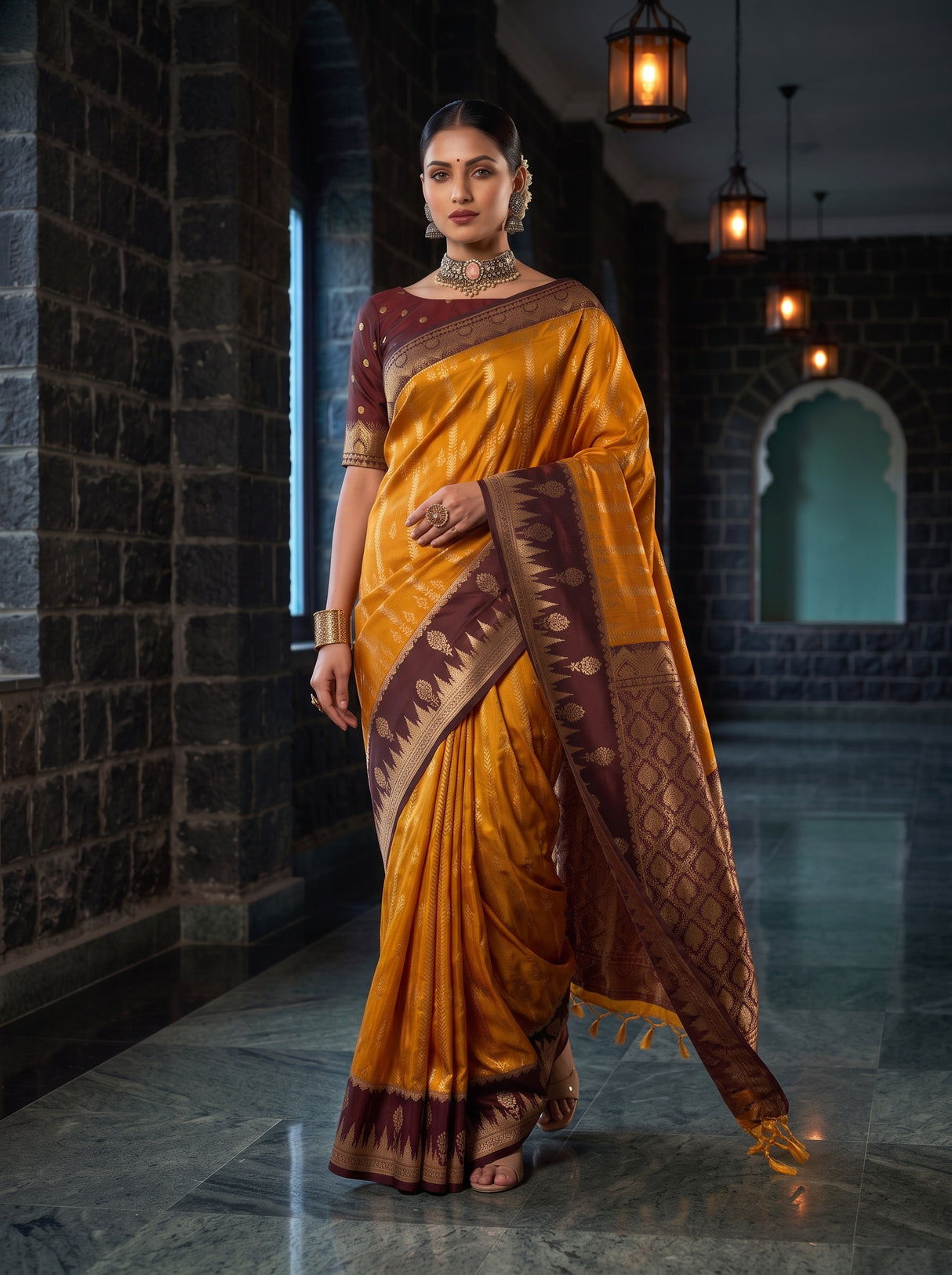 MIMOSA Mustard Kanjivaram Art Silk Saree — pose 6 styling detail