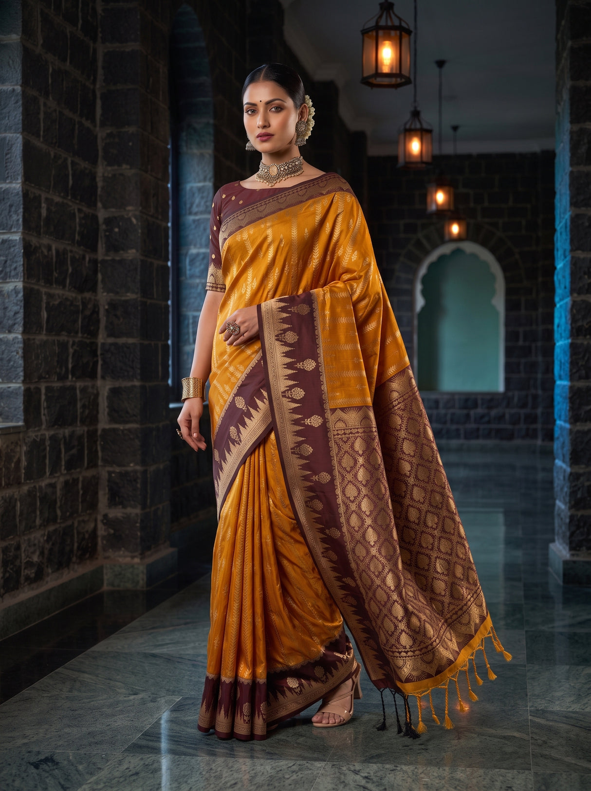 MIMOSA Mustard Kanjivaram Art Silk Saree — pose 9 styling detail