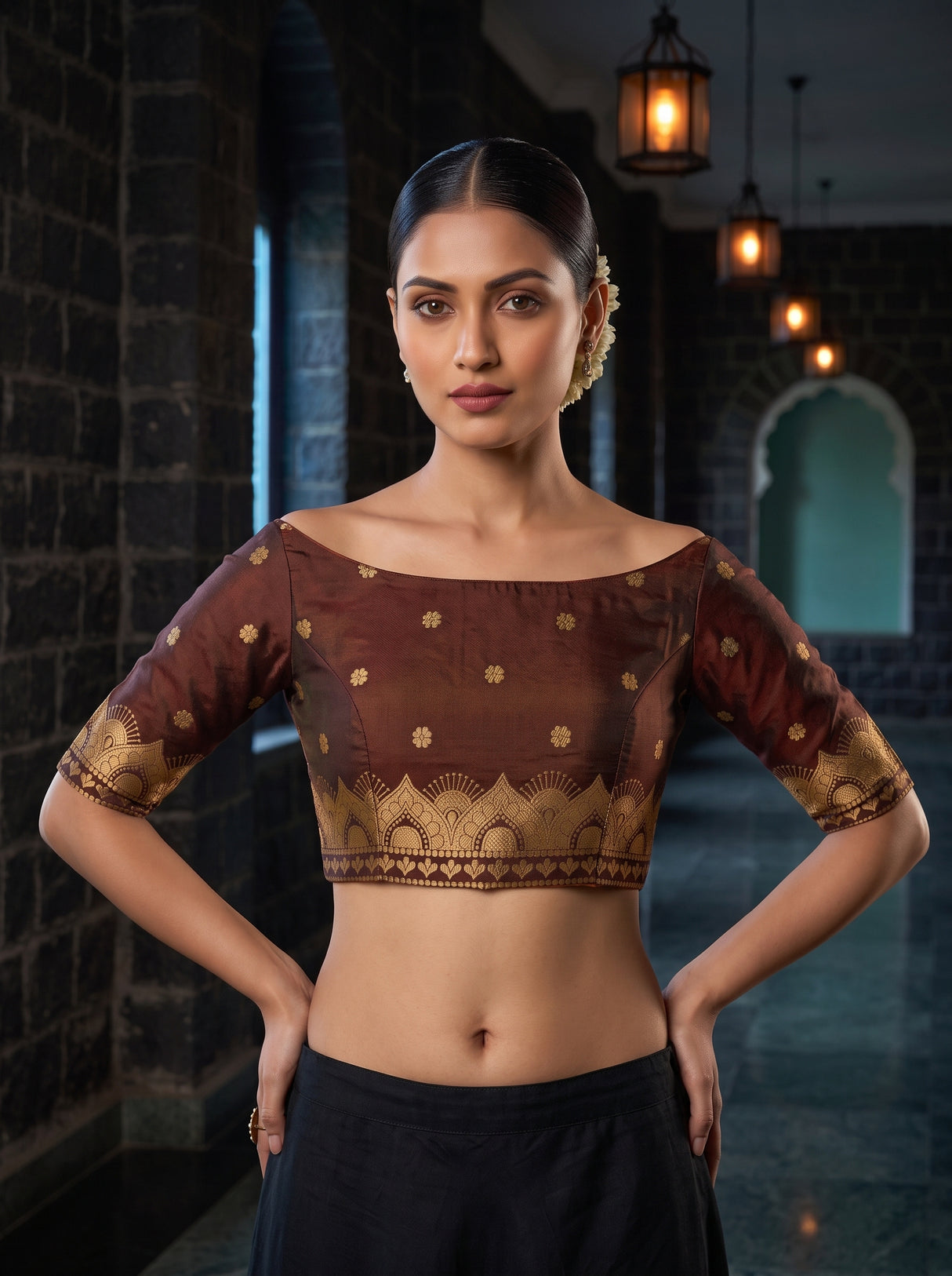 MIMOSA Mustard Kanjivaram Art Silk Saree — blouse close-up