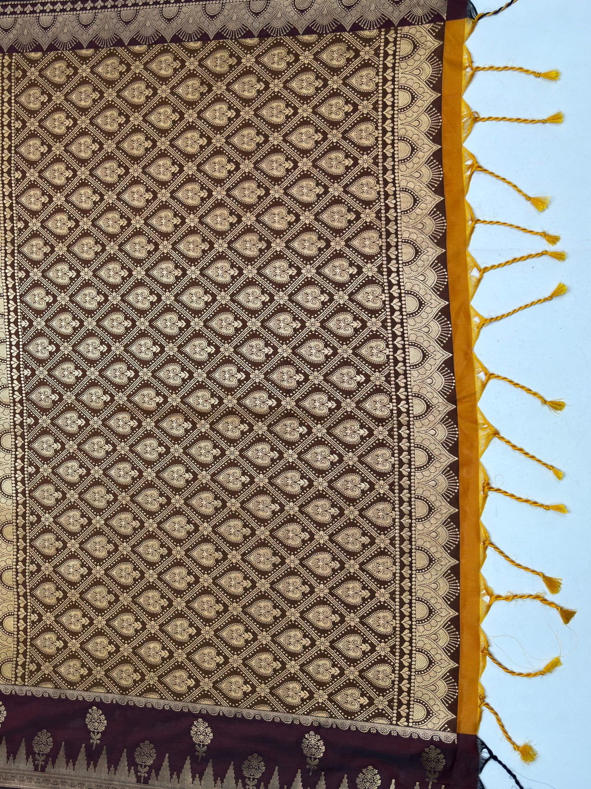 MIMOSA Mustard Kanjivaram Art Silk Saree — pallu and zari work detail