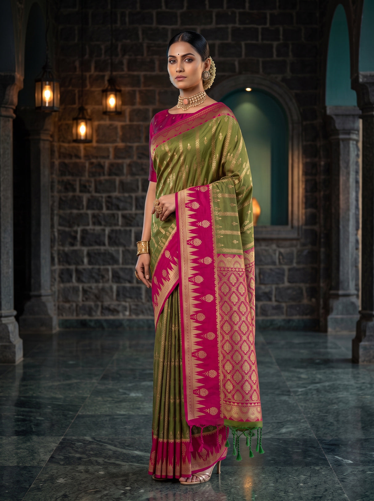 MIMOSA Olive Kanjivaram Art Silk Saree — pose 3 styling detail