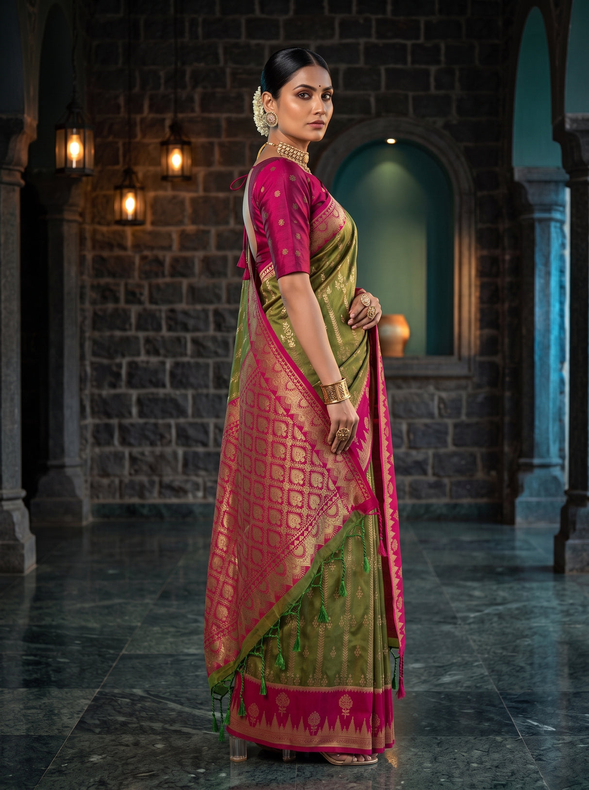 MIMOSA Olive Kanjivaram Art Silk Saree — pose 5 styling detail