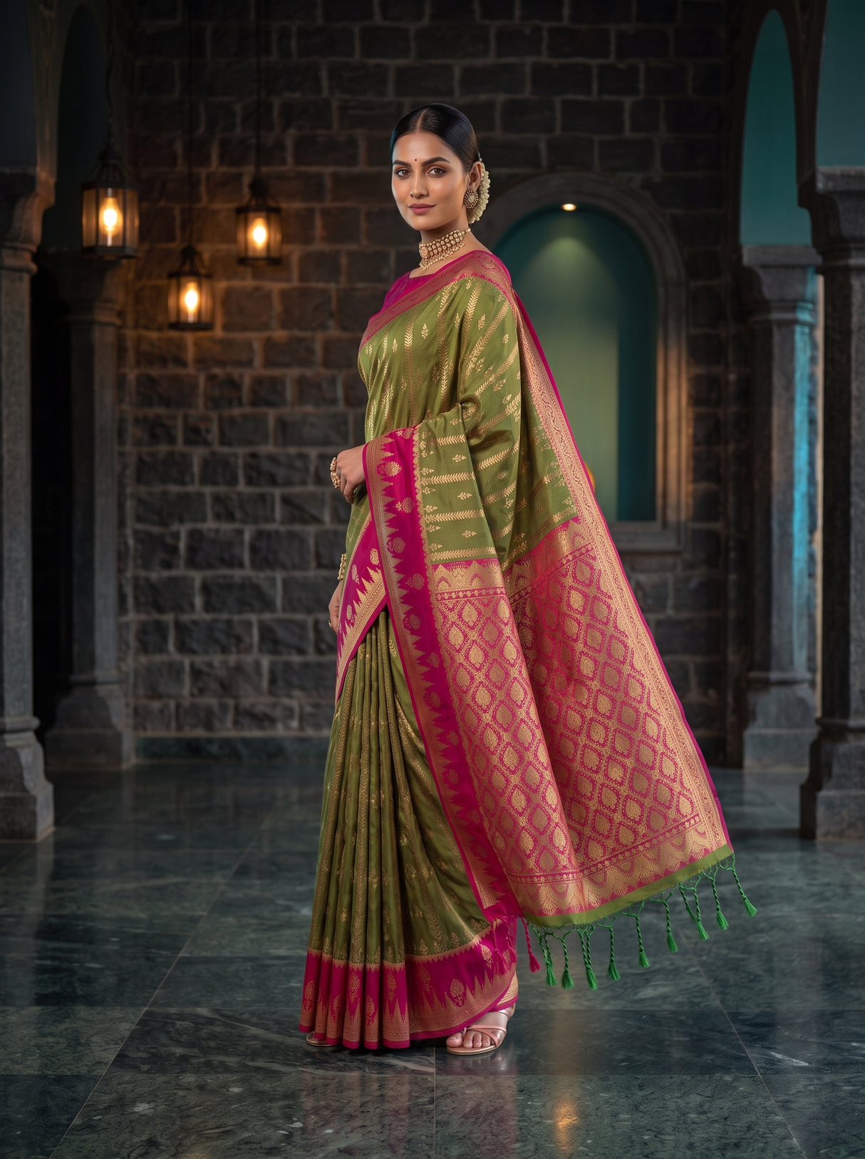 MIMOSA Olive Kanjivaram Art Silk Saree — pose 9 styling detail