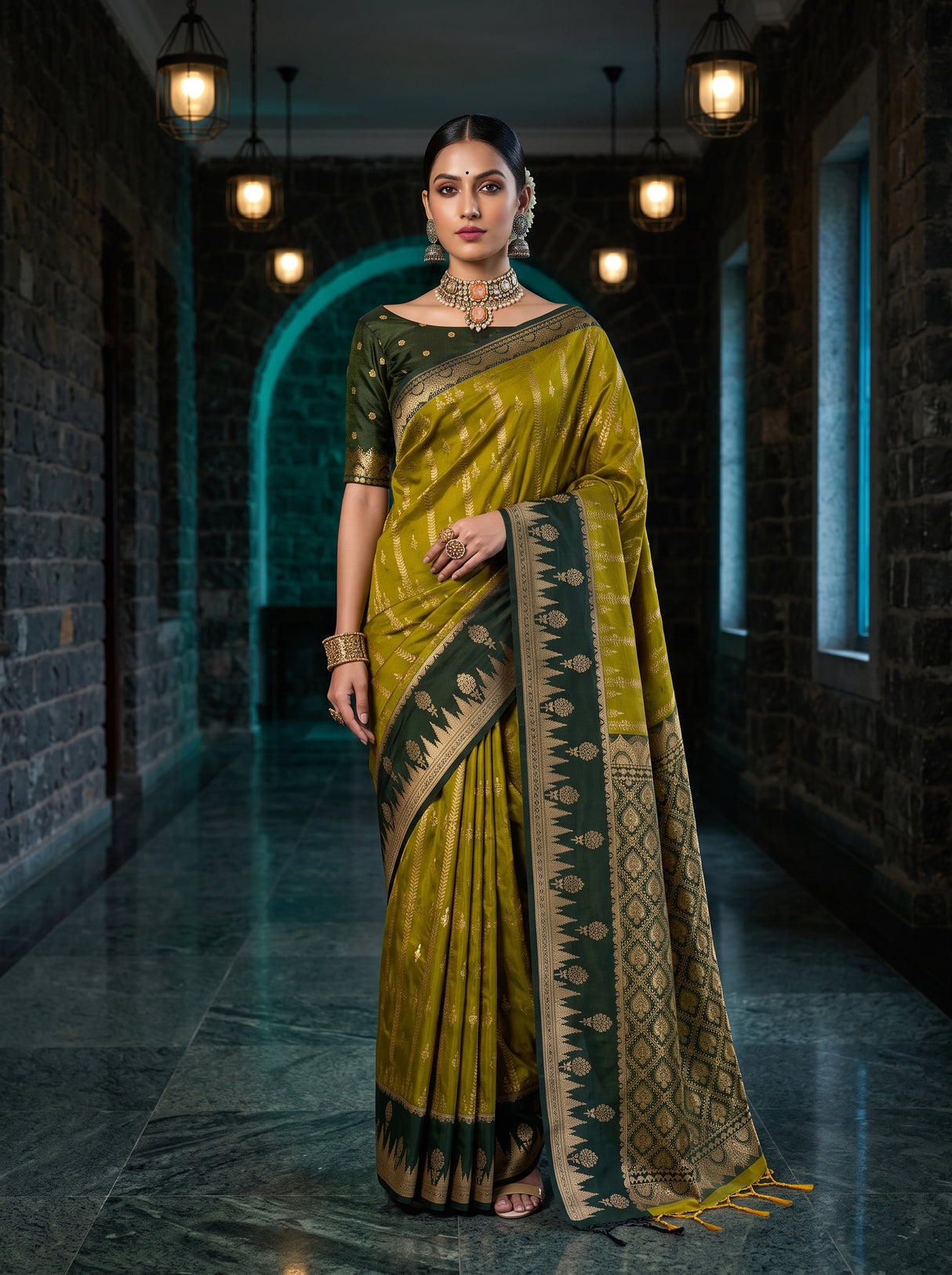 MIMOSA Pista Kanjivaram Art Silk Saree — AI model lifestyle pose 1