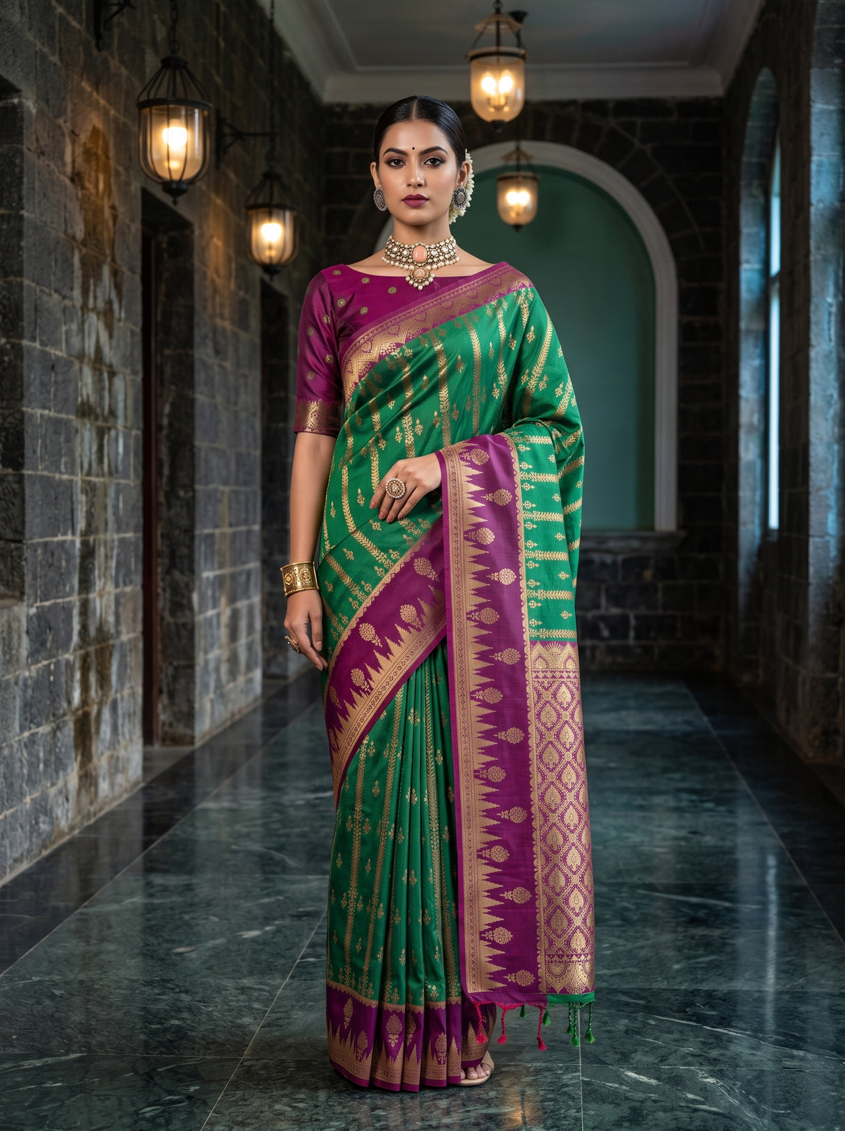 MIMOSA Rama Kanjivaram Art Silk Saree — AI model lifestyle pose 1