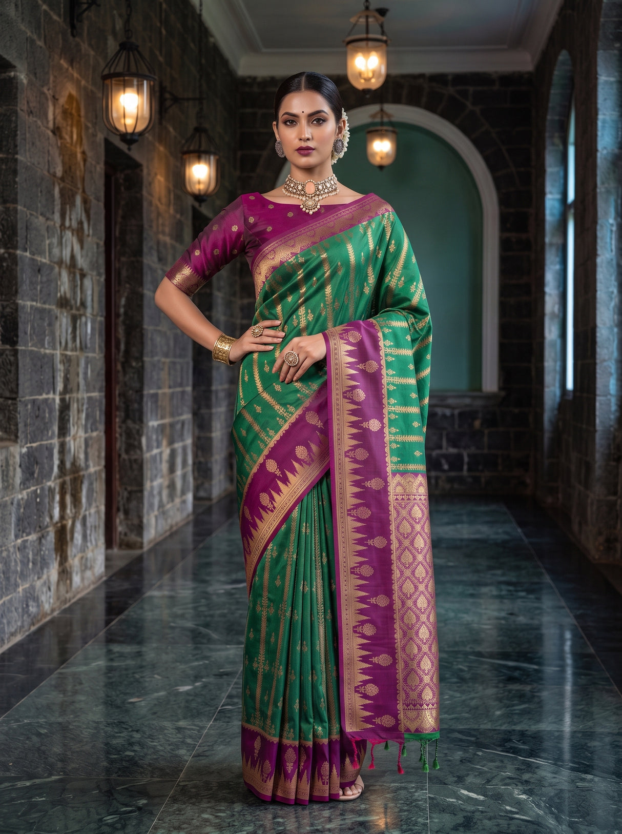 MIMOSA Rama Kanjivaram Art Silk Saree — pose 4 styling detail